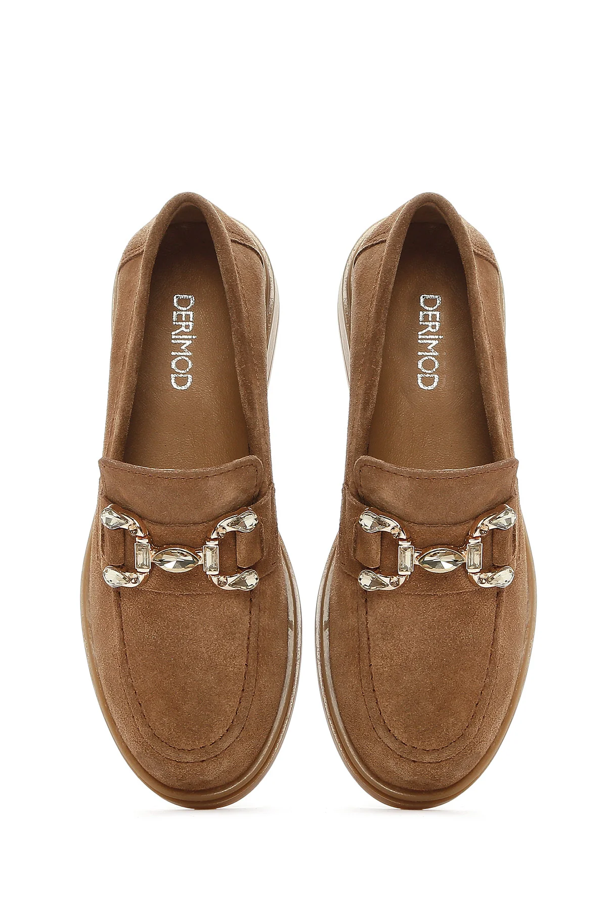 Kadın Taba Taşlı Süet Deri Maskülen Loafer - Image 5