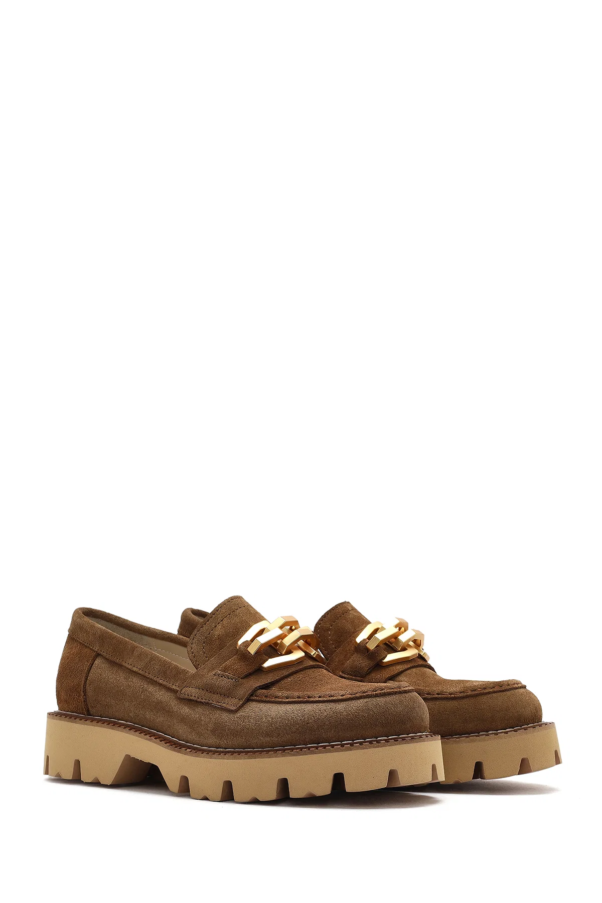 Kadın Taba Tokalı Kalın Tabanlı Süet Deri Maskülen Loafer - Image 3