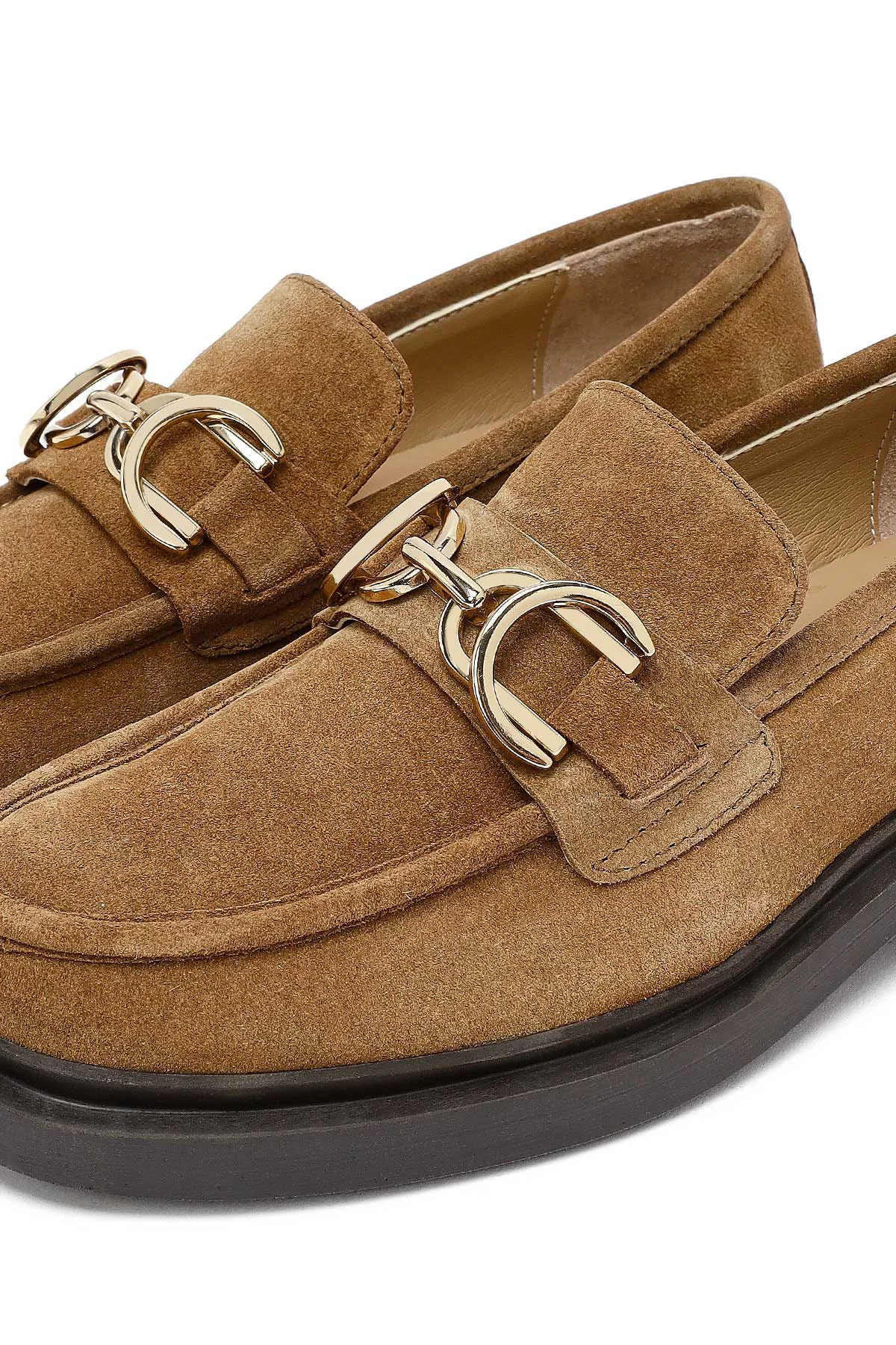 Kadın Taba Tokalı Süet Deri Maskülen Loafer - Image 10