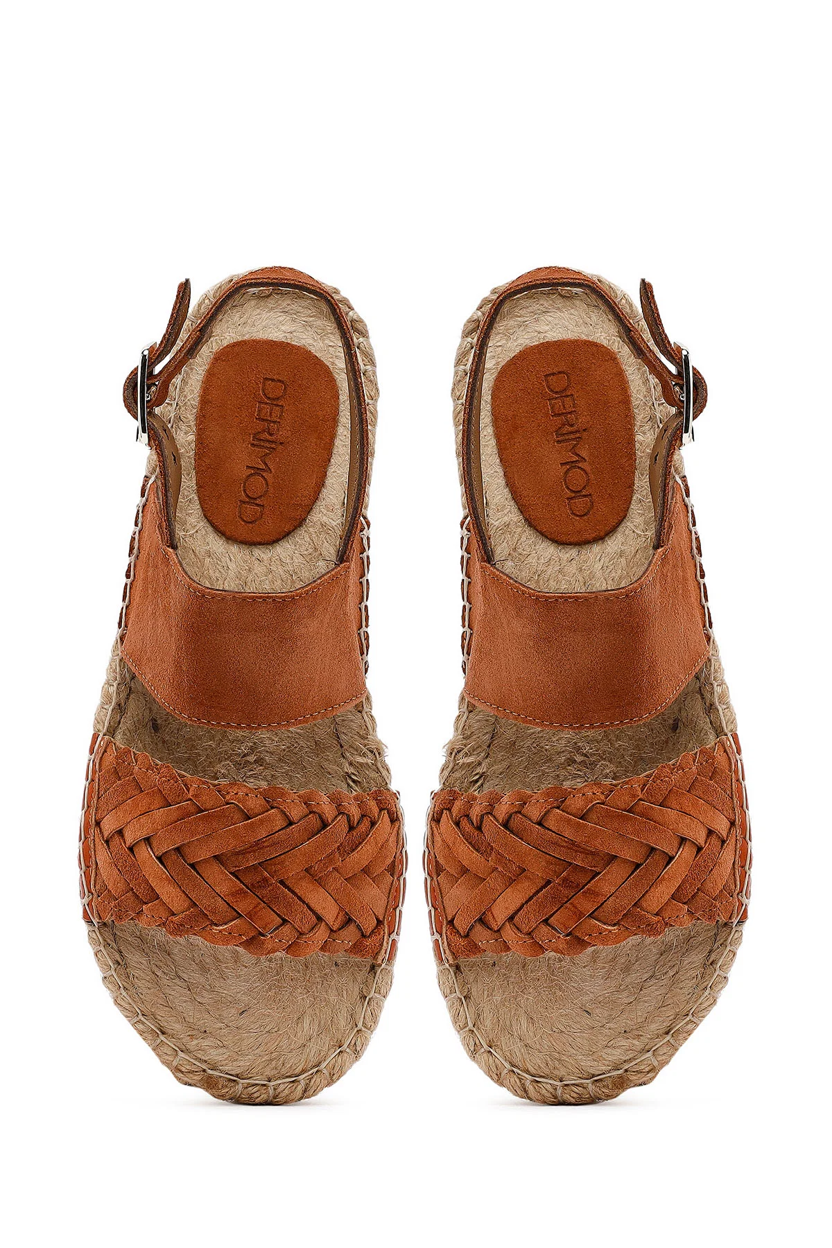 Kadın Turuncu Örgü Detaylı Süet Deri Espadril Sandalet - Image 7