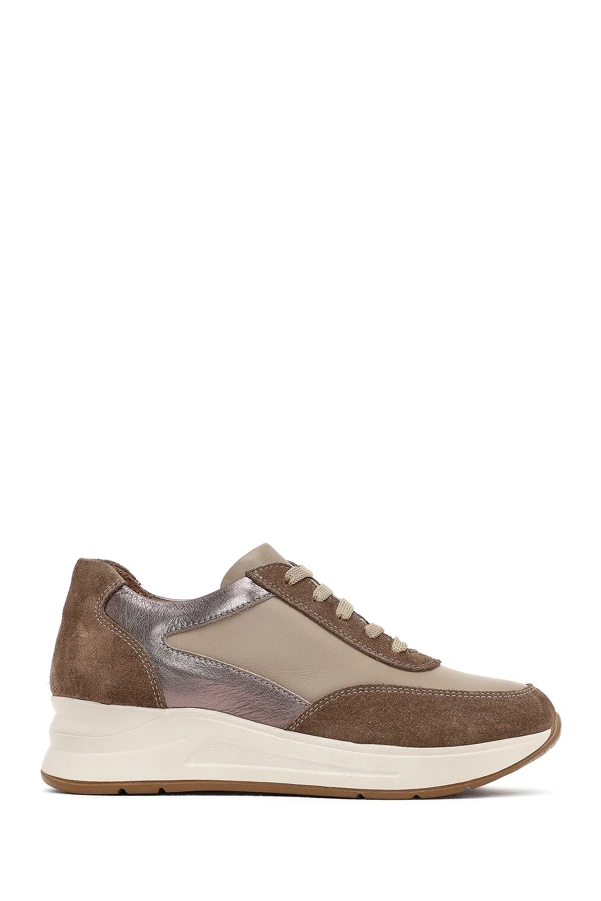 Kadın Vizon Bağcıklı Dolgu Topuklu Deri Sneaker