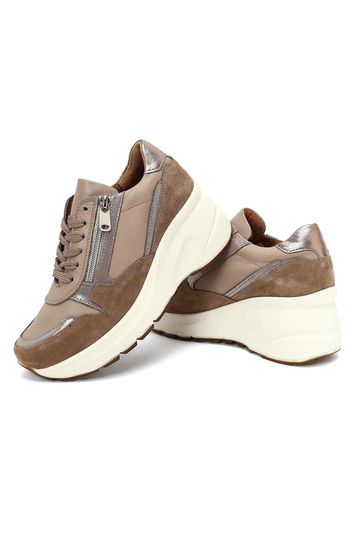 Kadın Vizon Bağcıklı Fermuar Detaylı Dolgu Topuklu Deri Sneaker - Image 11
