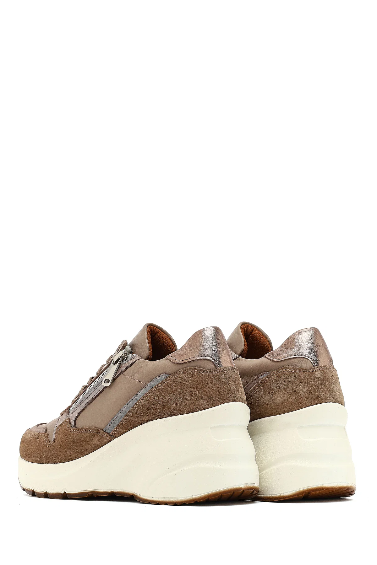 Kadın Vizon Bağcıklı Fermuar Detaylı Dolgu Topuklu Deri Sneaker - Image 5
