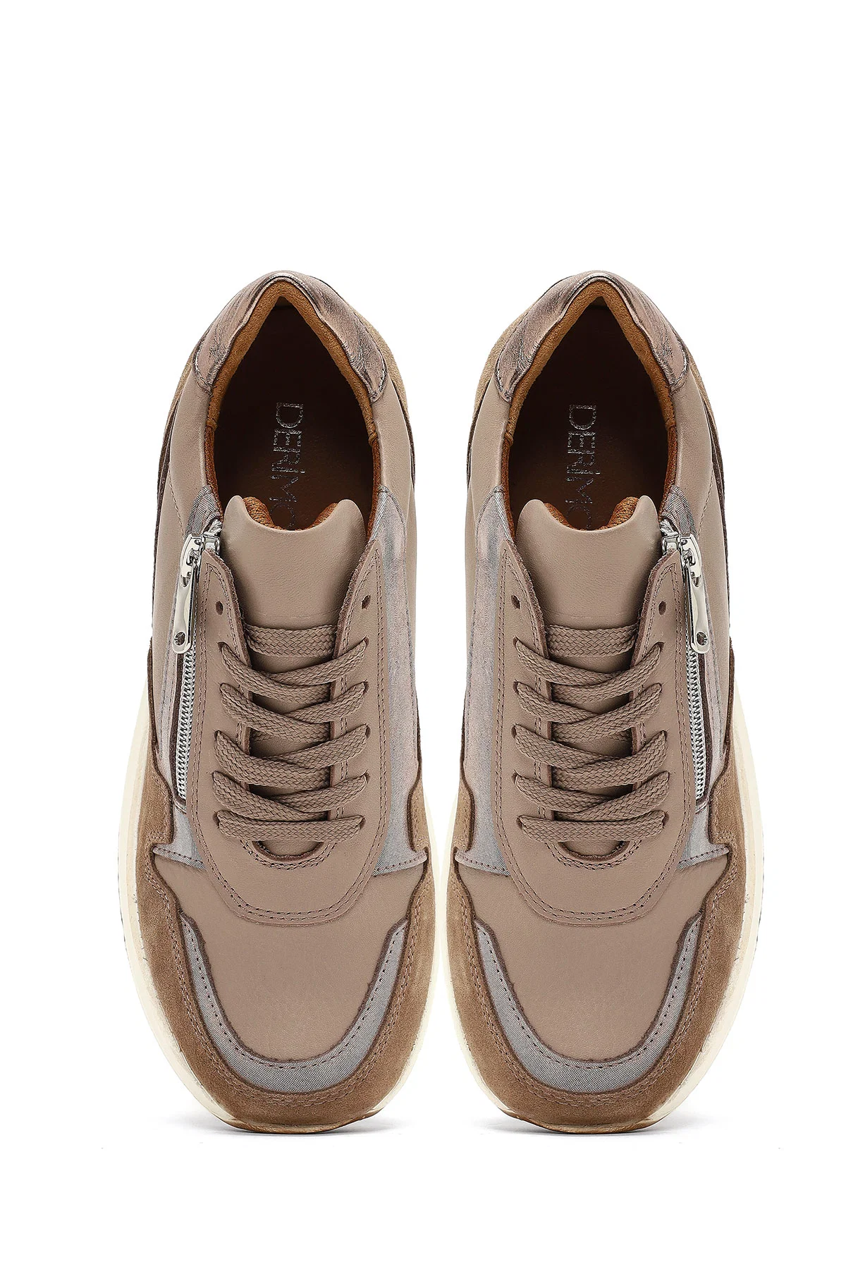Kadın Vizon Bağcıklı Fermuar Detaylı Dolgu Topuklu Deri Sneaker - Image 7