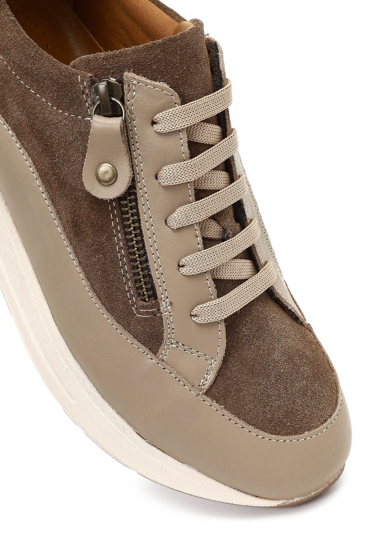 Kadın Vizon Bağcıklı Kalın Tabanlı Deri Sneaker - Image 9