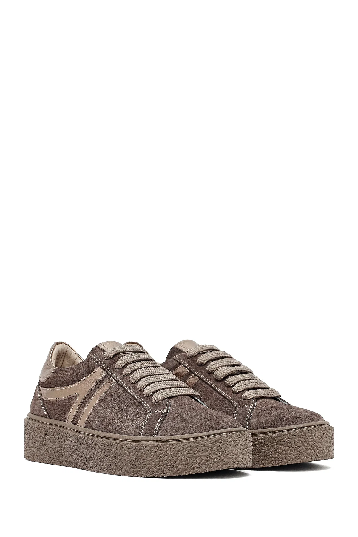 Kadın Vizon Bağcıklı Kalın Tabanlı Süet Deri Sneaker - Image 3