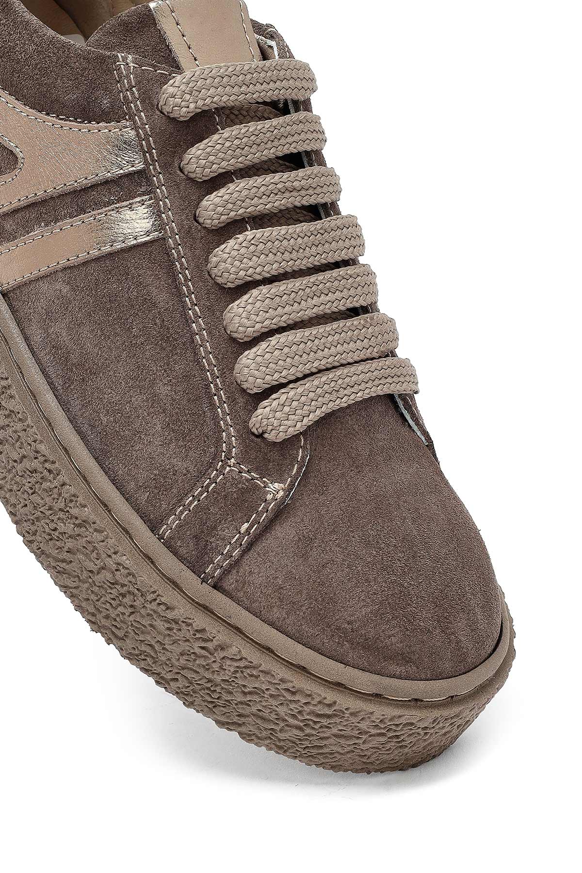Kadın Vizon Bağcıklı Kalın Tabanlı Süet Deri Sneaker - Image 8