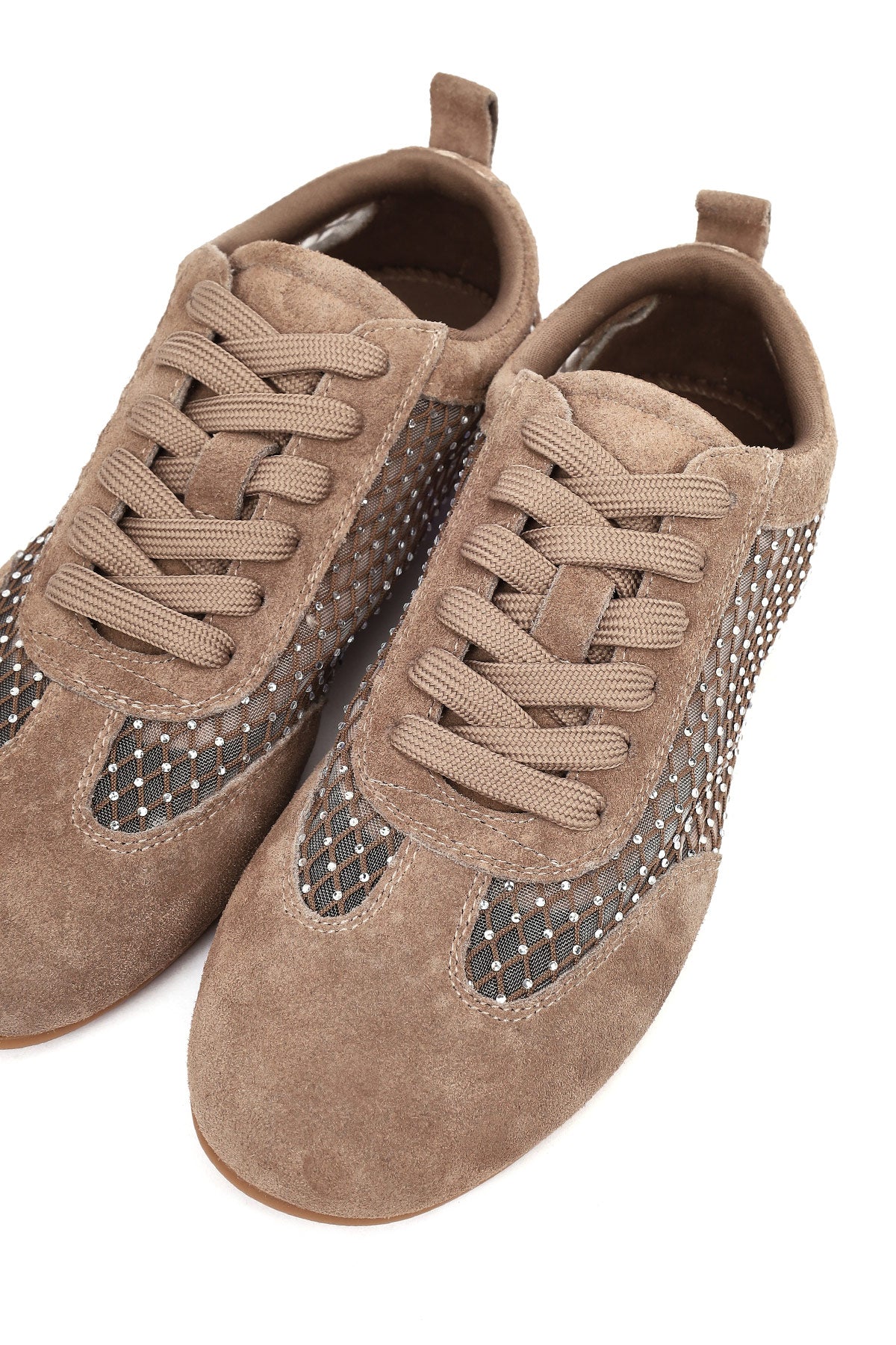 Kadın Vizon Bağcıklı Taşlı Süet Deri Sneaker - Image 10