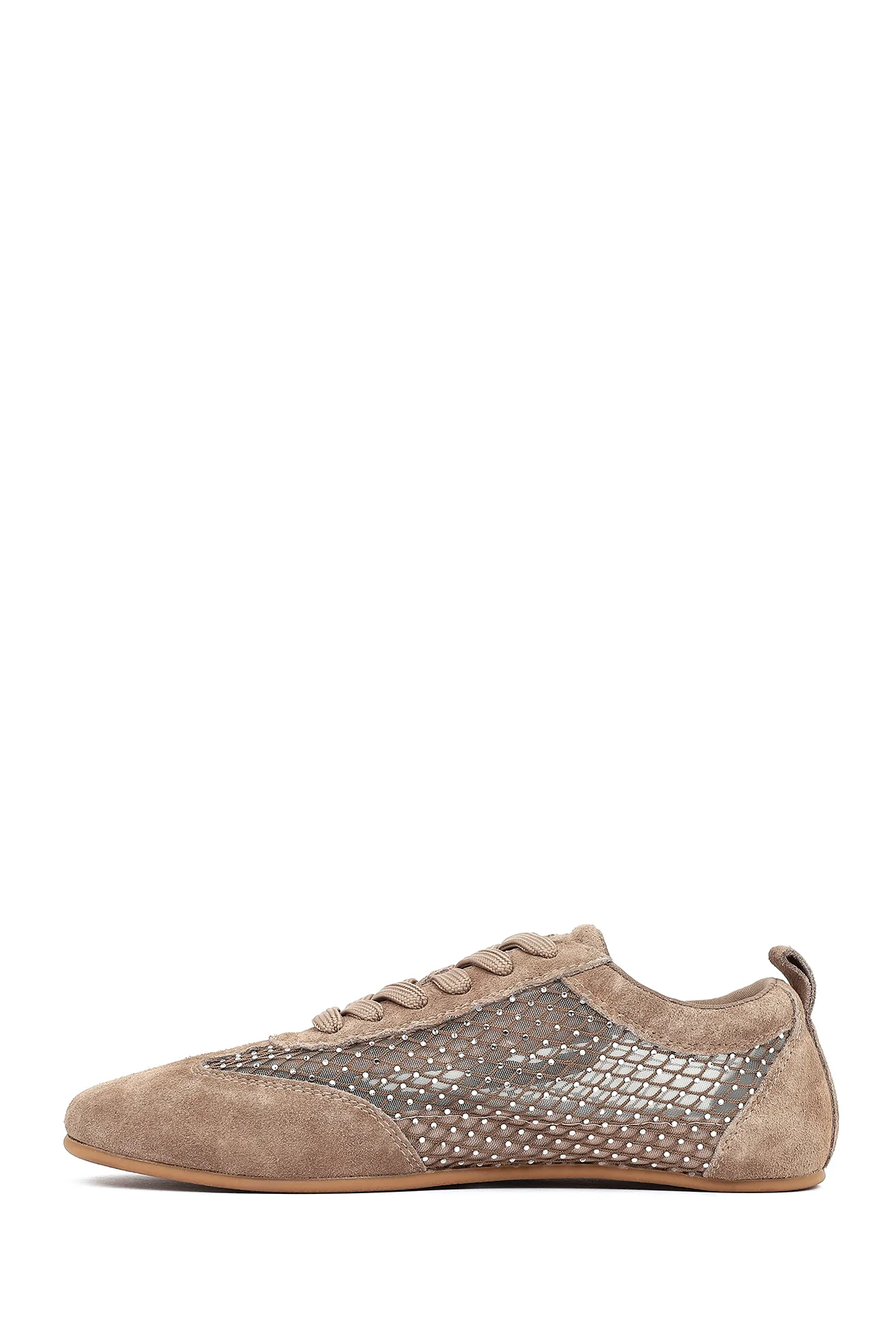 Kadın Vizon Bağcıklı Taşlı Süet Deri Sneaker - Image 3