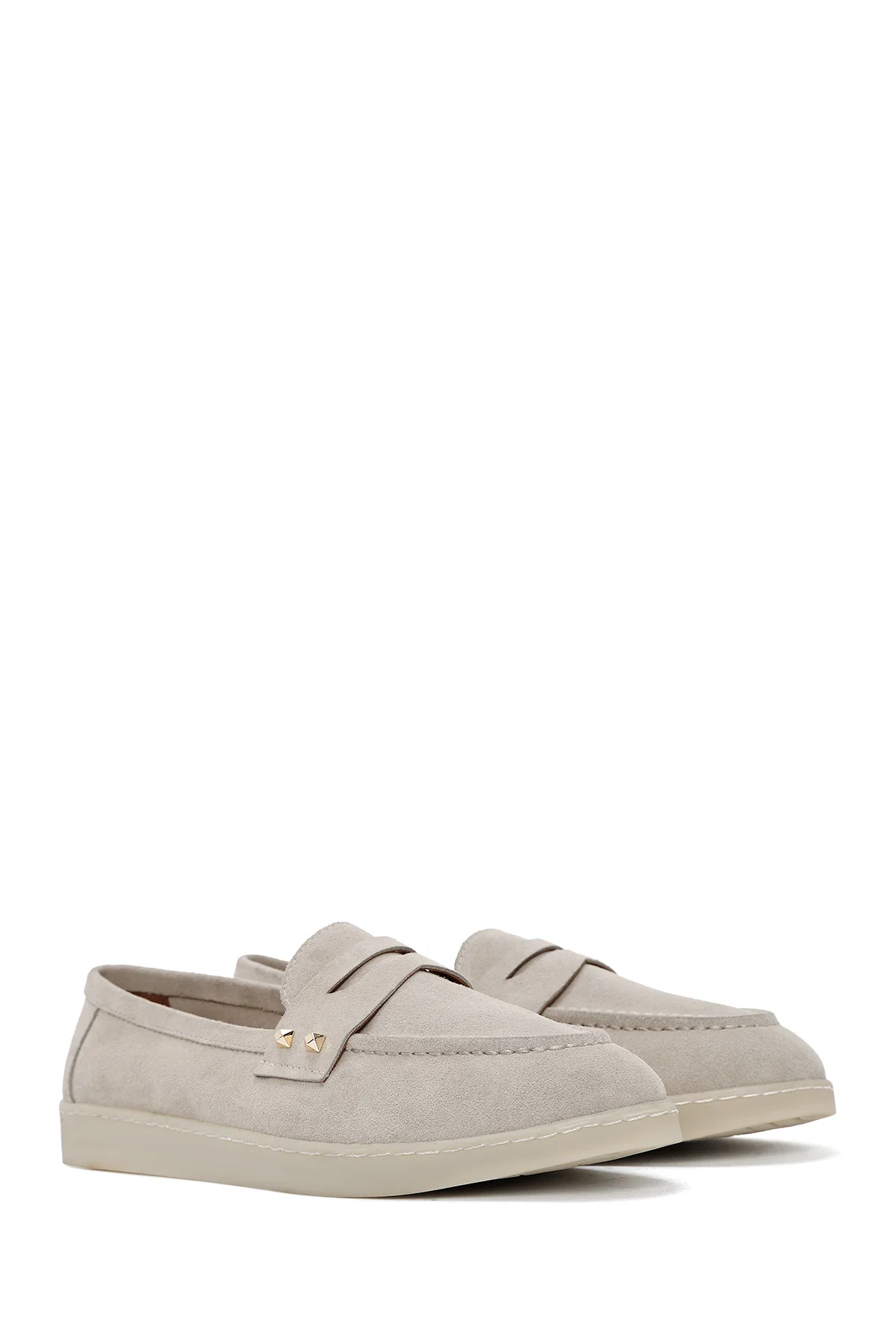 Kadın Vizon Taş Detaylı Süet Deri Loafer - Image 3