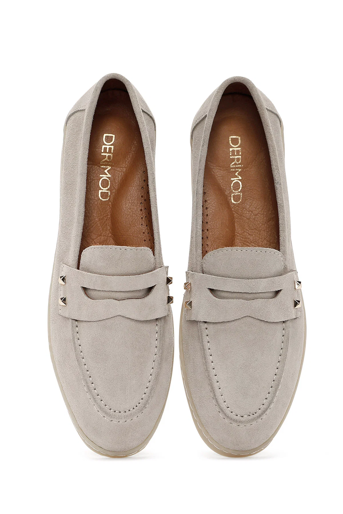 Kadın Vizon Taş Detaylı Süet Deri Loafer - Image 6
