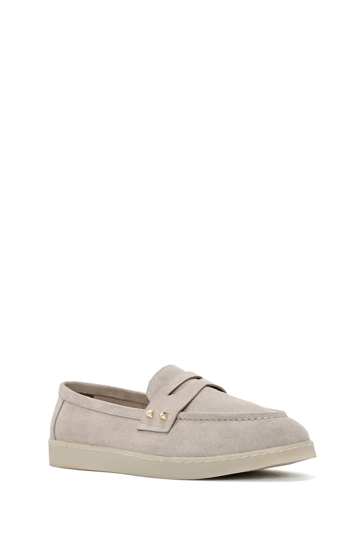 Kadın Vizon Taş Detaylı Süet Deri Loafer - Image 7