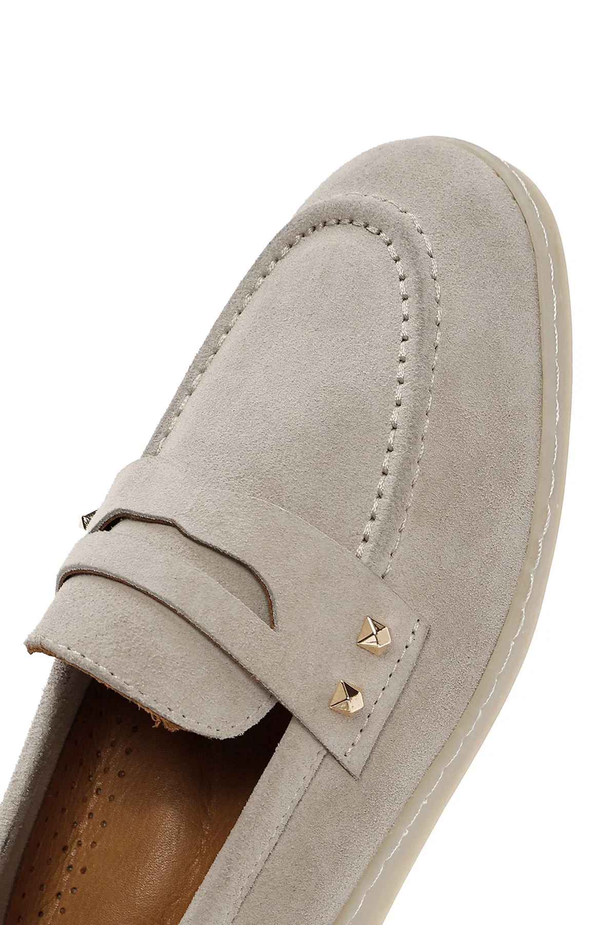 Kadın Vizon Taş Detaylı Süet Deri Loafer - Image 8