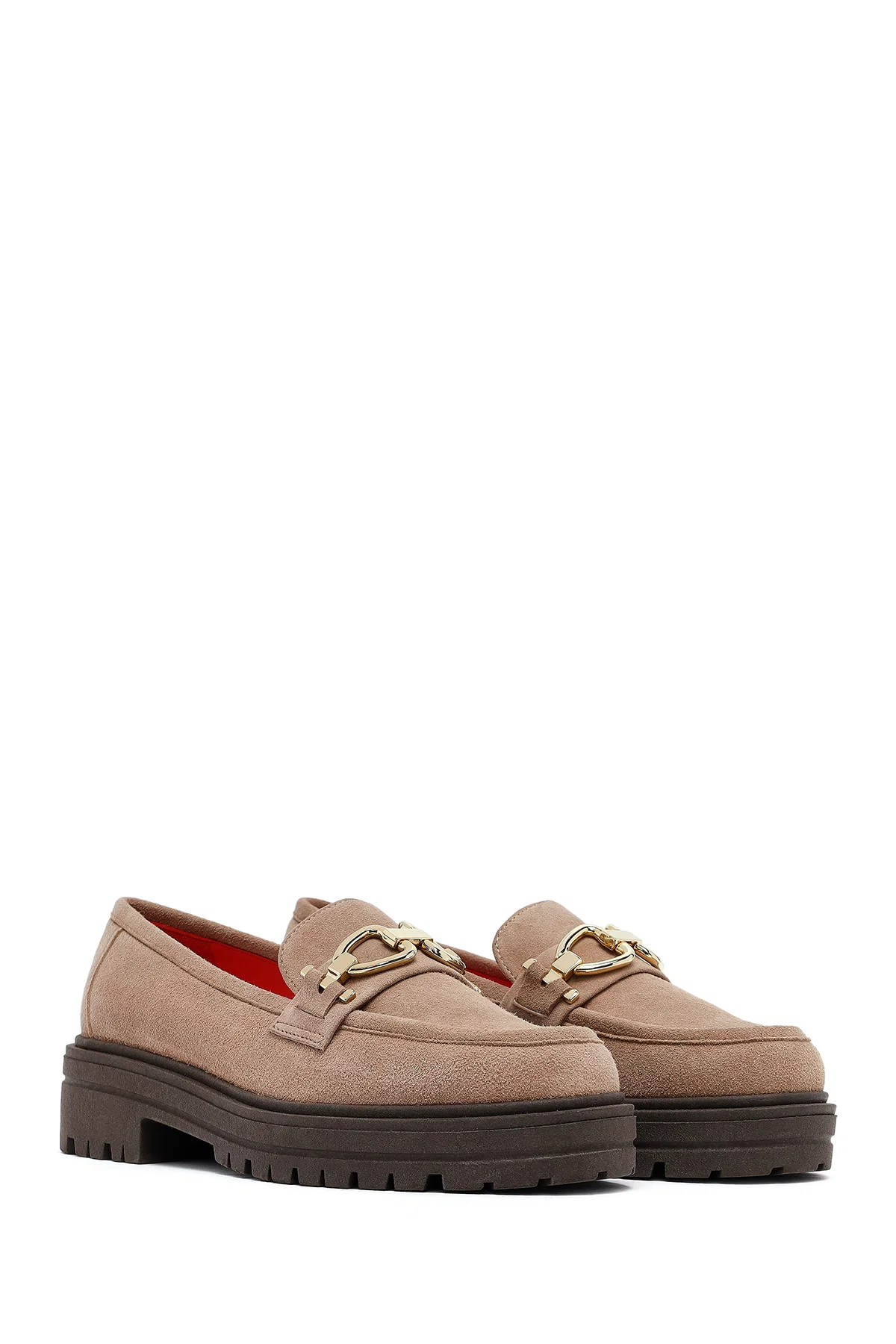 Kadın Vizon Tokalı Süet Deri Maskülen Loafer - Image 3