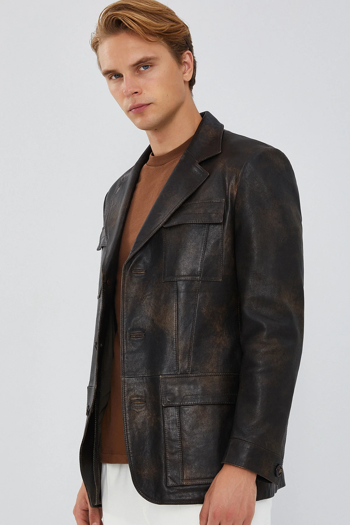 Kane Erkek Kahverengi Vintage Blazer Safari Deri Ceket - Image 3