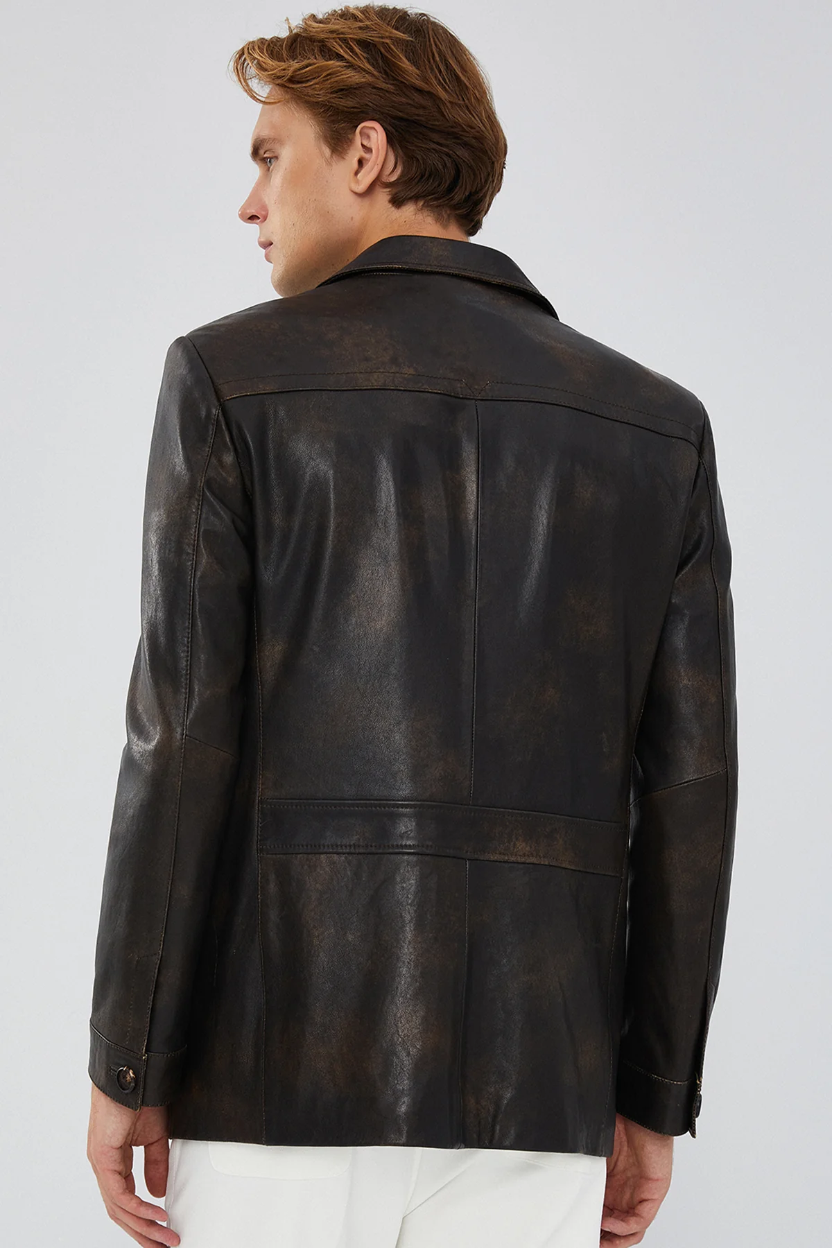 Kane Erkek Kahverengi Vintage Blazer Safari Deri Ceket - Image 4