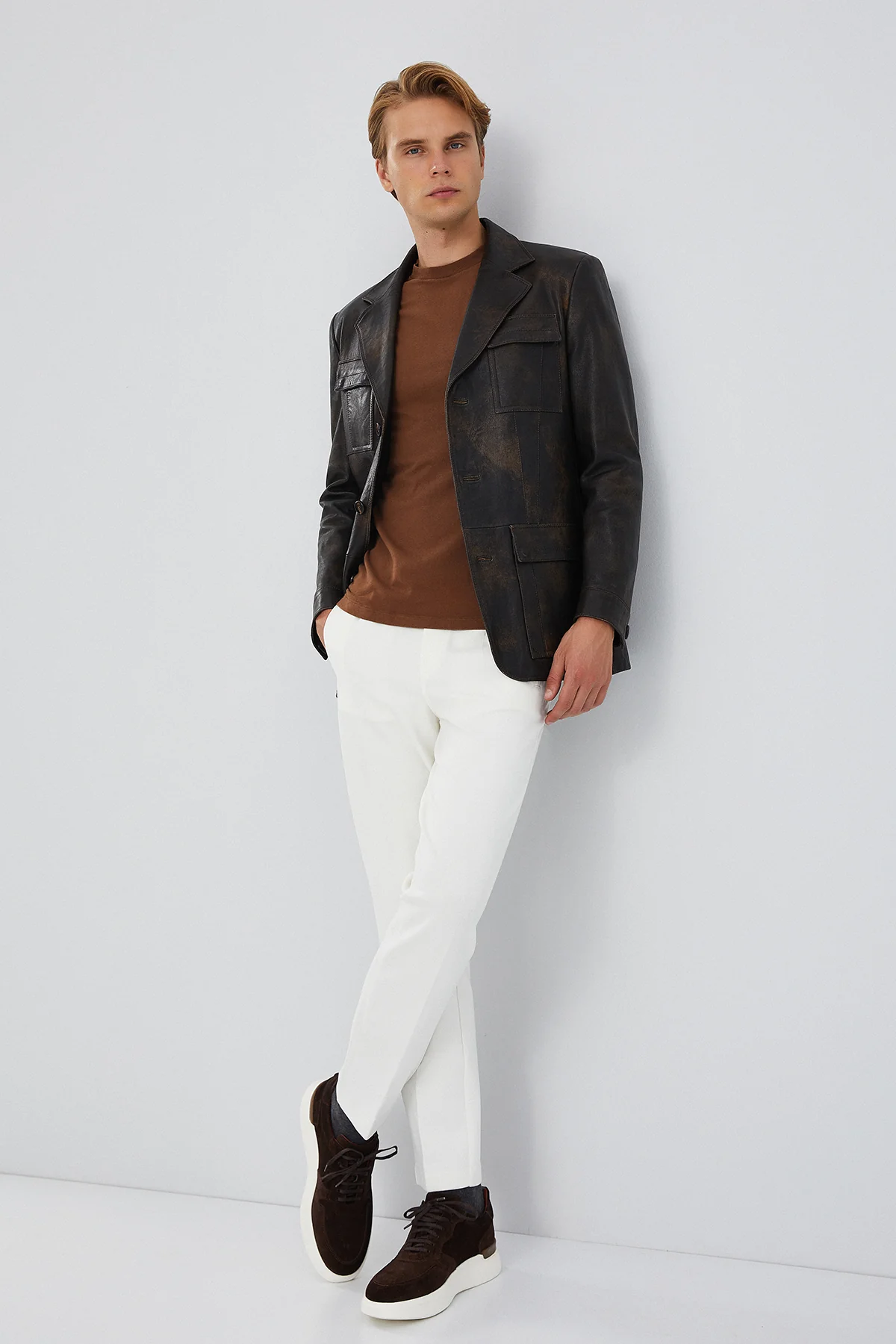 Kane Erkek Kahverengi Vintage Blazer Safari Deri Ceket - Image 6