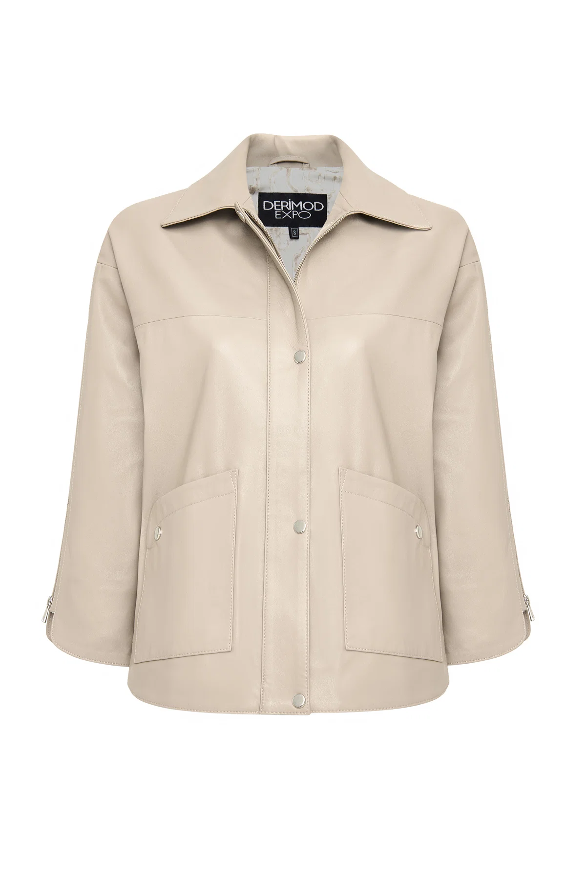Karen Kadın Bej Oversize Deri Ceket - Image 3