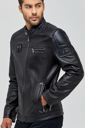 Kawhi Erkek Siyah Slim-Fit Armalı Deri Mont - Image 3