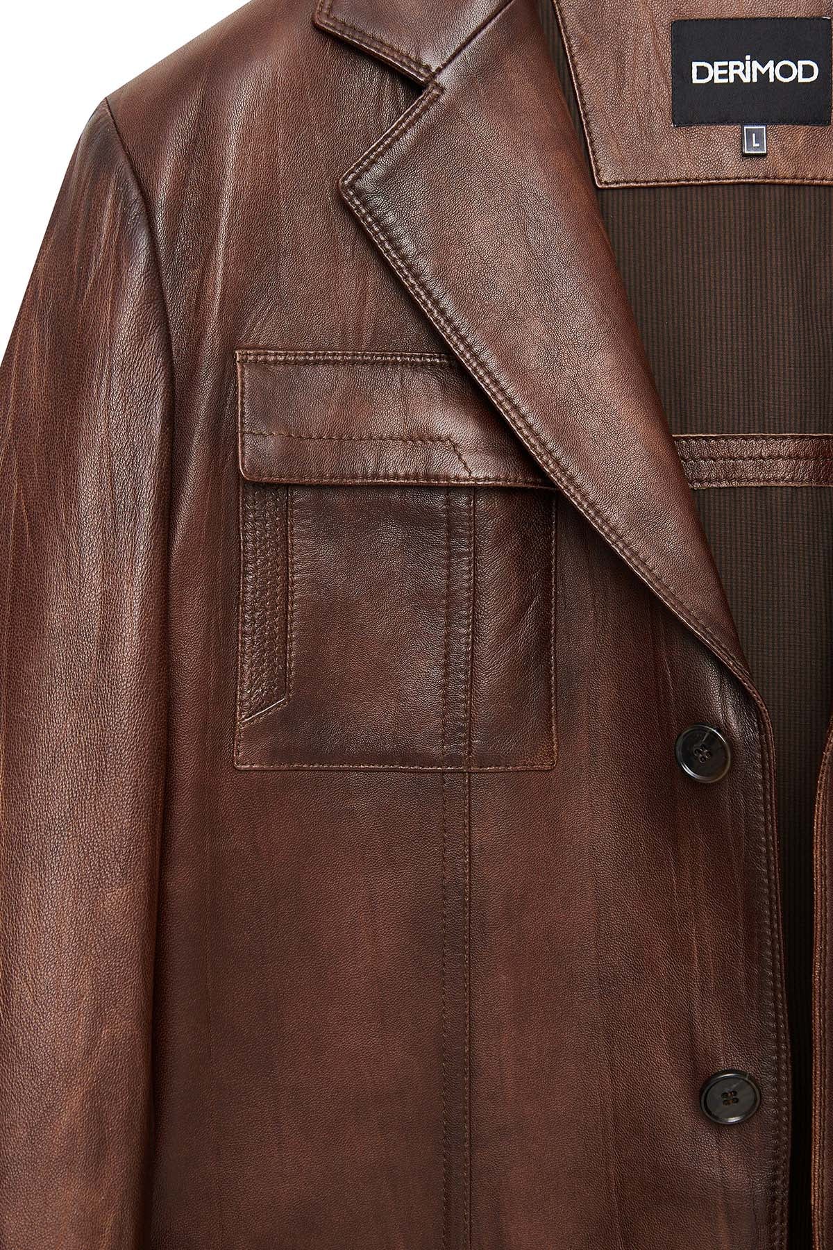 Kevin Erkek Camel Blazer Deri Ceket - Image 10