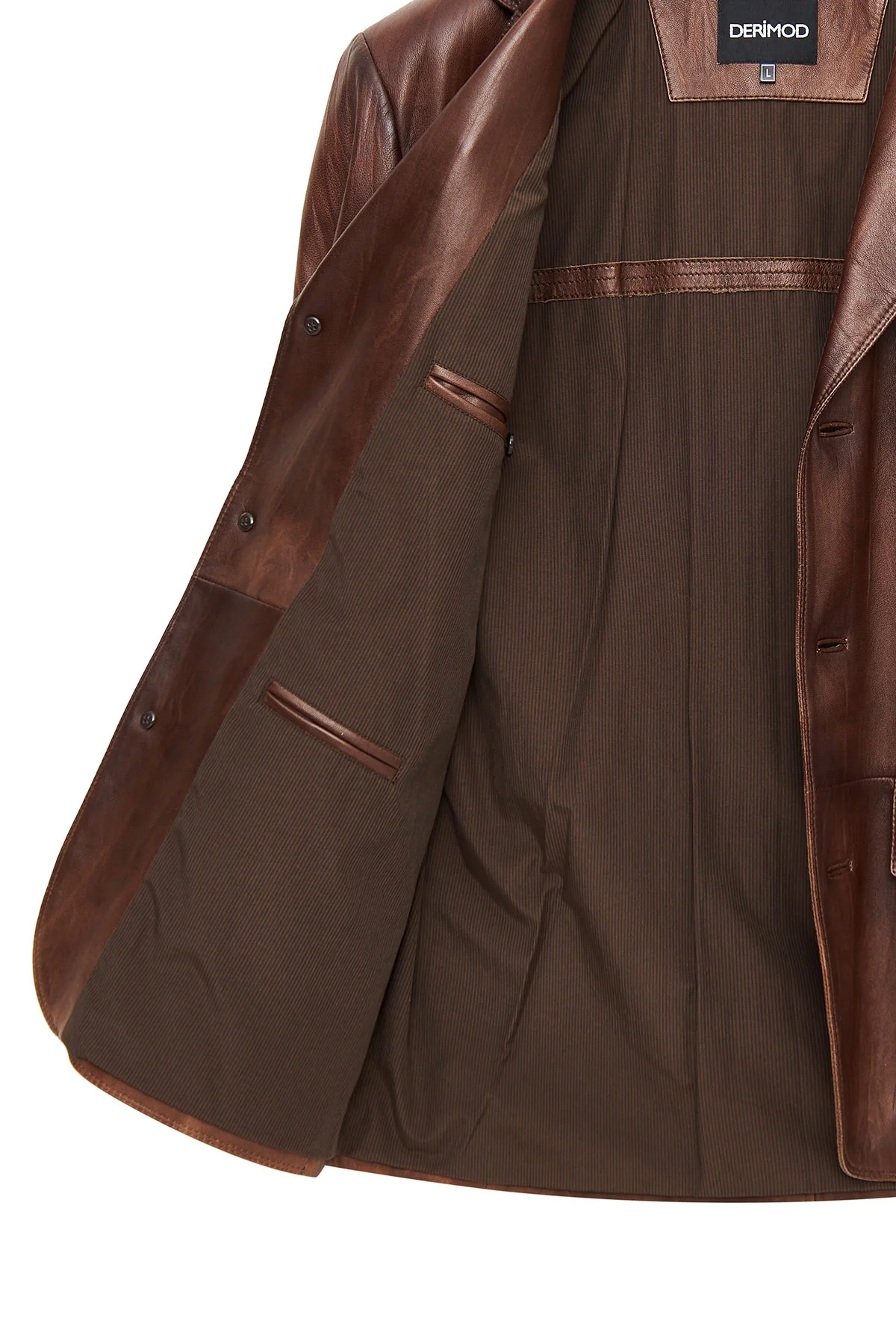 Kevin Erkek Camel Blazer Deri Ceket - Image 11