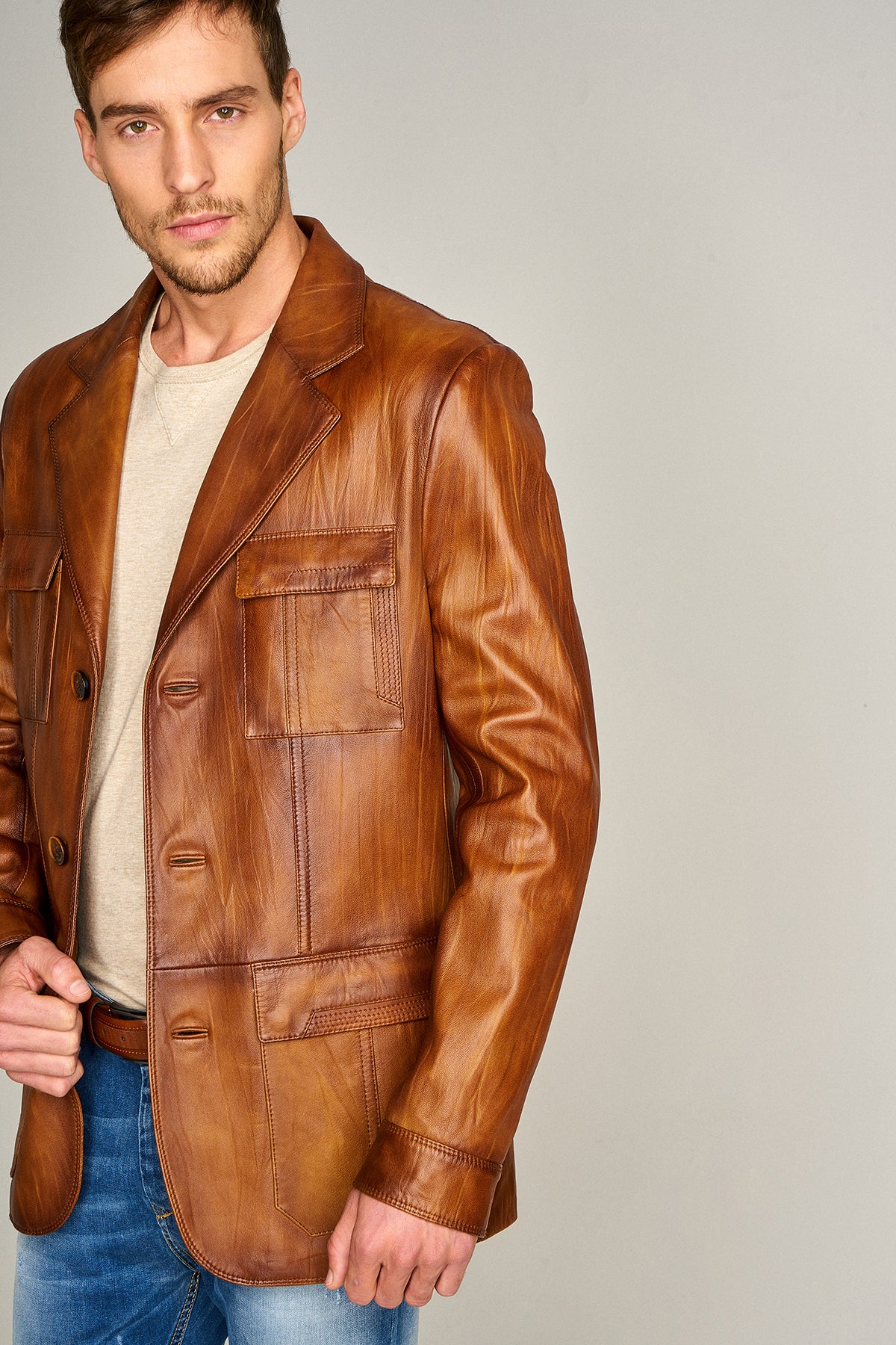 Kevin Erkek Camel Blazer Deri Ceket - Image 4