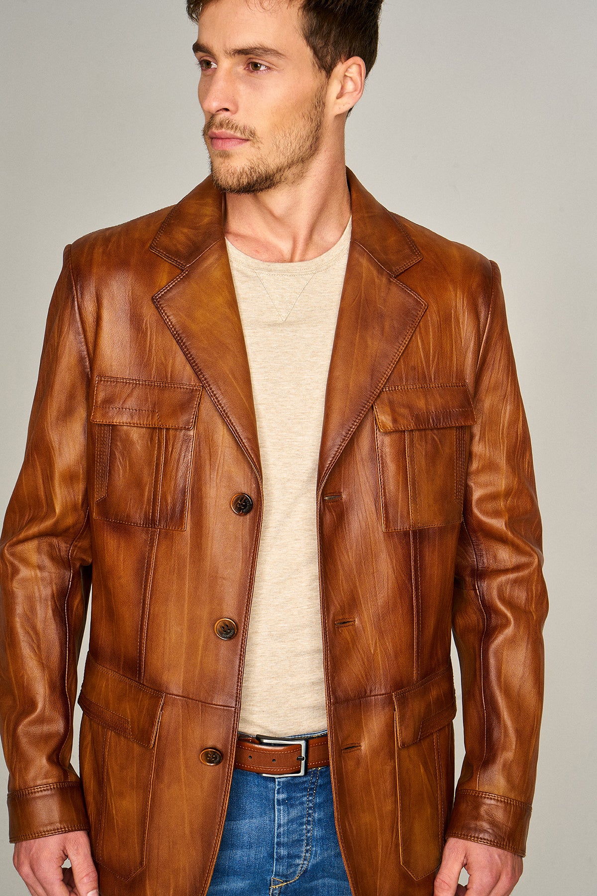 Kevin Erkek Camel Blazer Deri Ceket - Image 5
