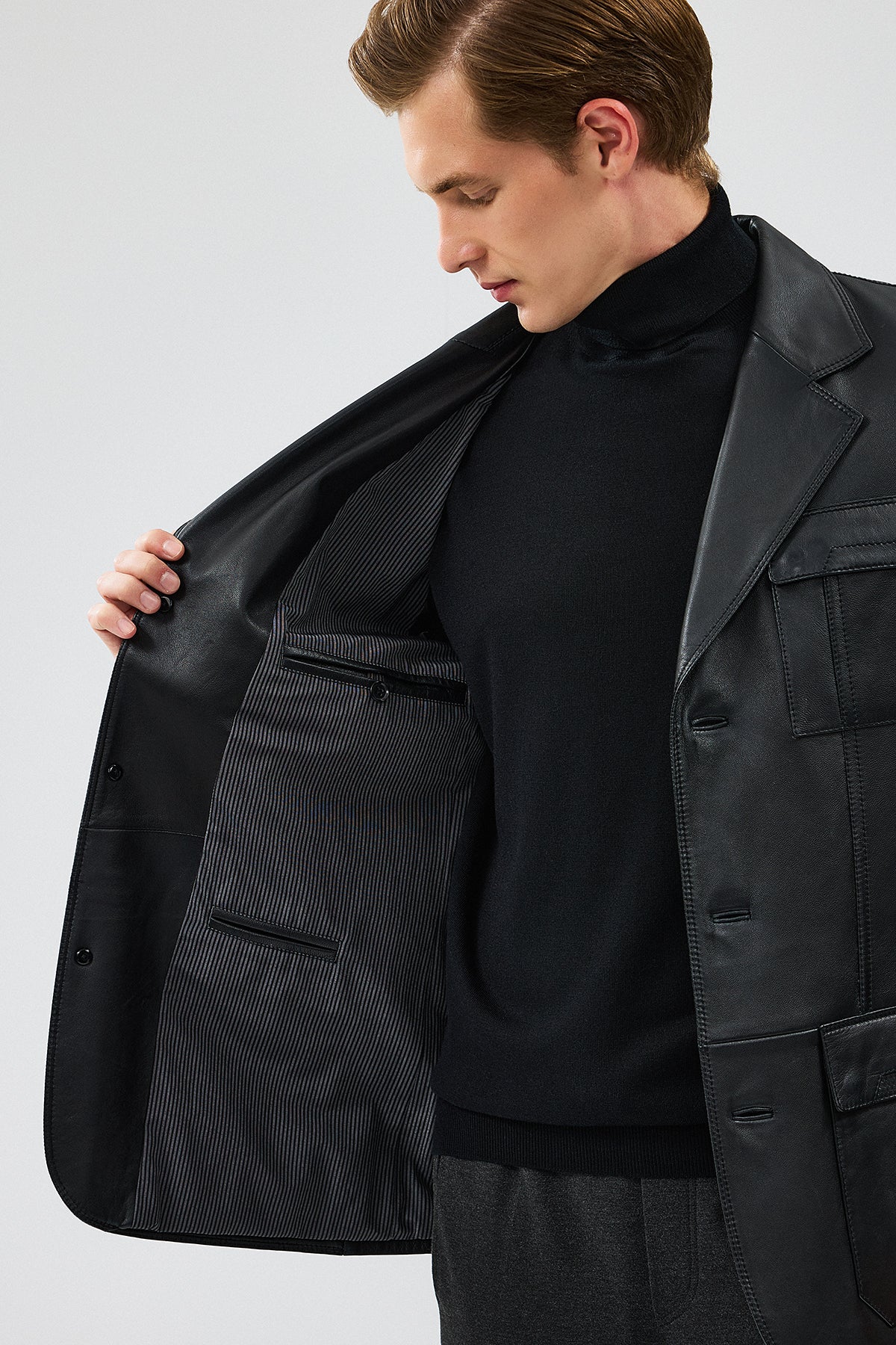 Kevin Erkek Siyah Blazer Deri Ceket - Image 7