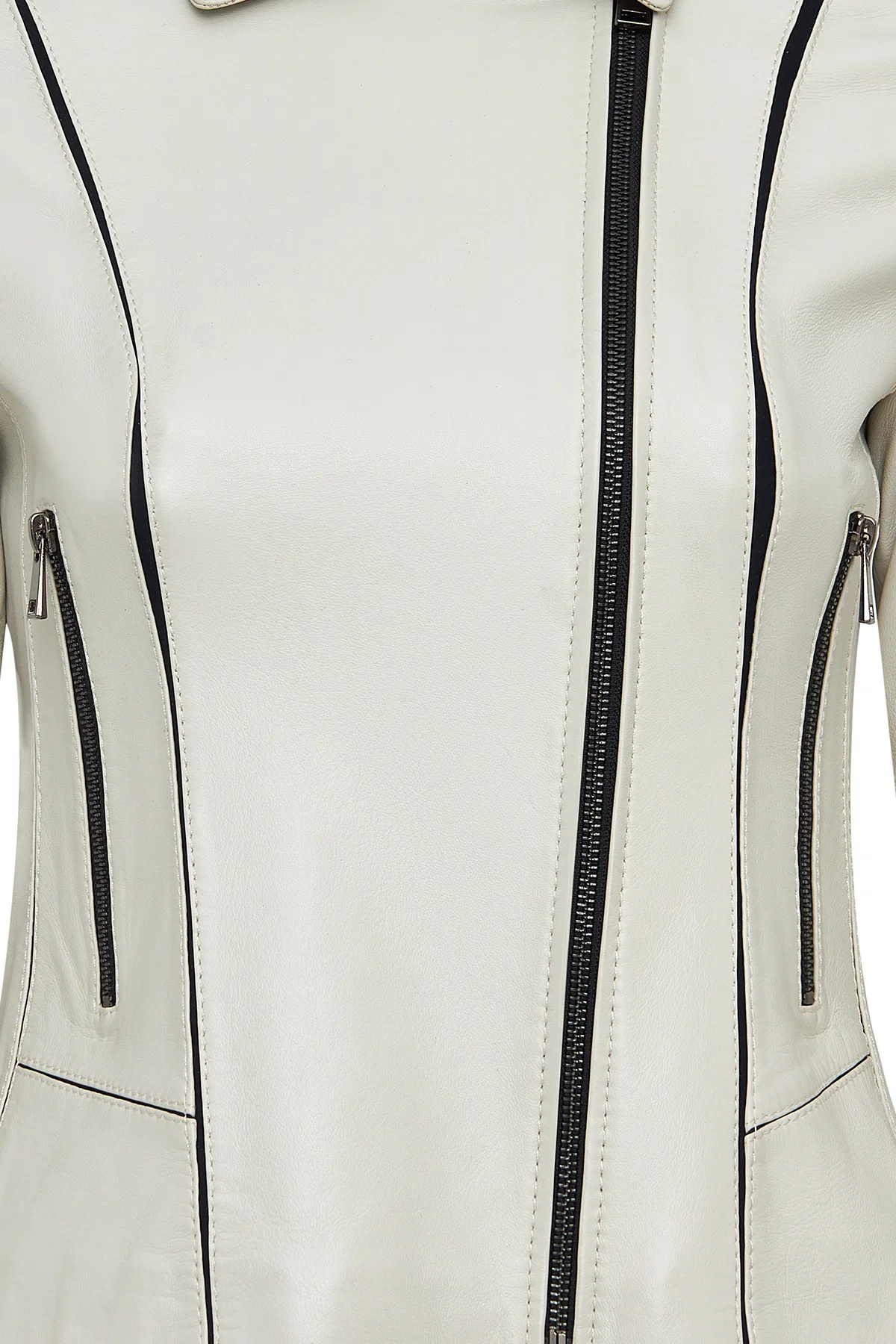 Kiara Kadın Bej Slim-Fit Biker Deri Ceket - Image 4