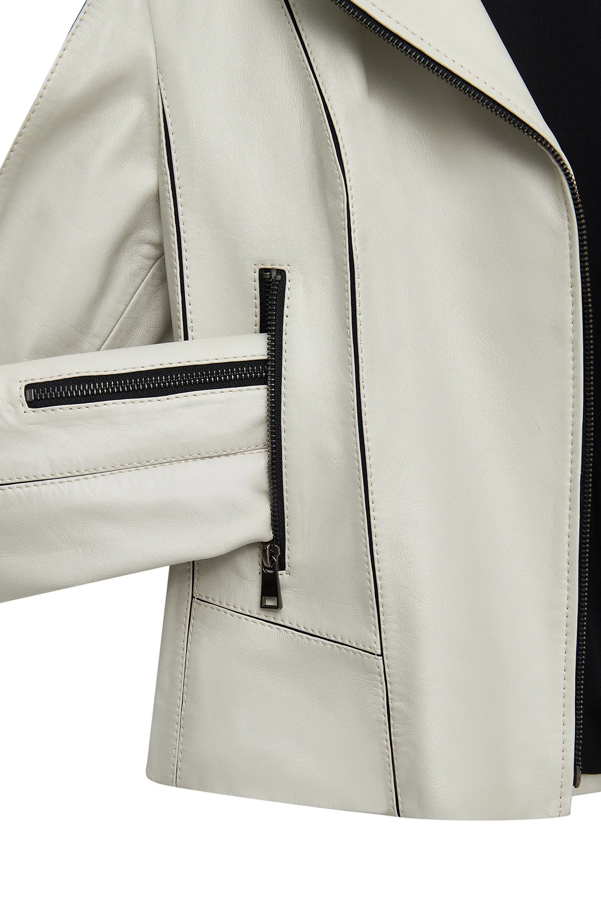 Kiara Kadın Bej Slim-Fit Biker Deri Ceket - Image 6