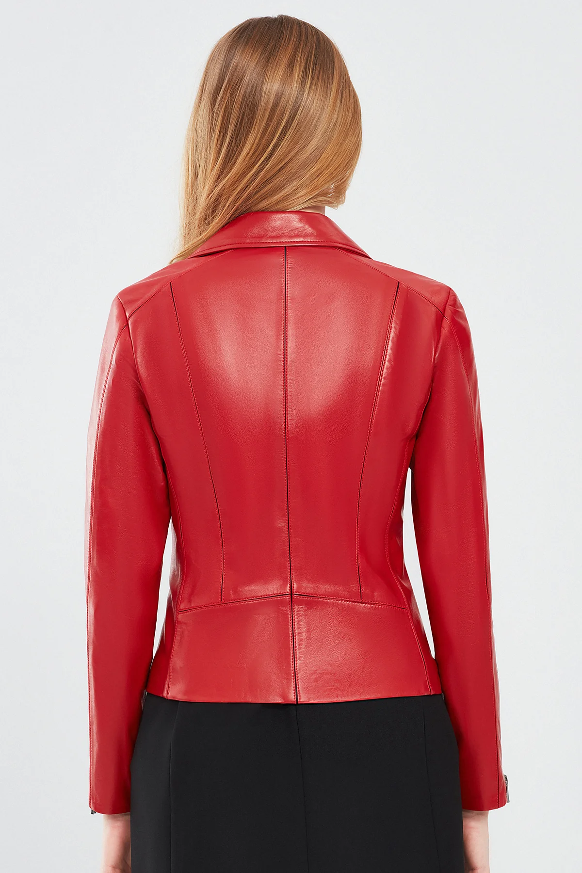 Kiara Kadın Kırmızı Slim-Fit Biker Deri Ceket - Image 4