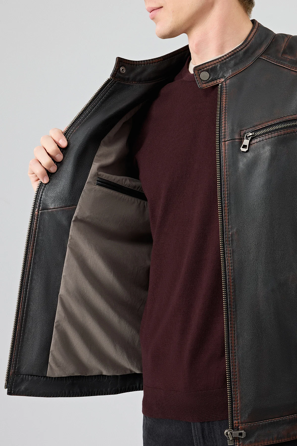 Leonard Erkek Kahverengi Vintage Slim-Fit Deri Ceket - Image 10