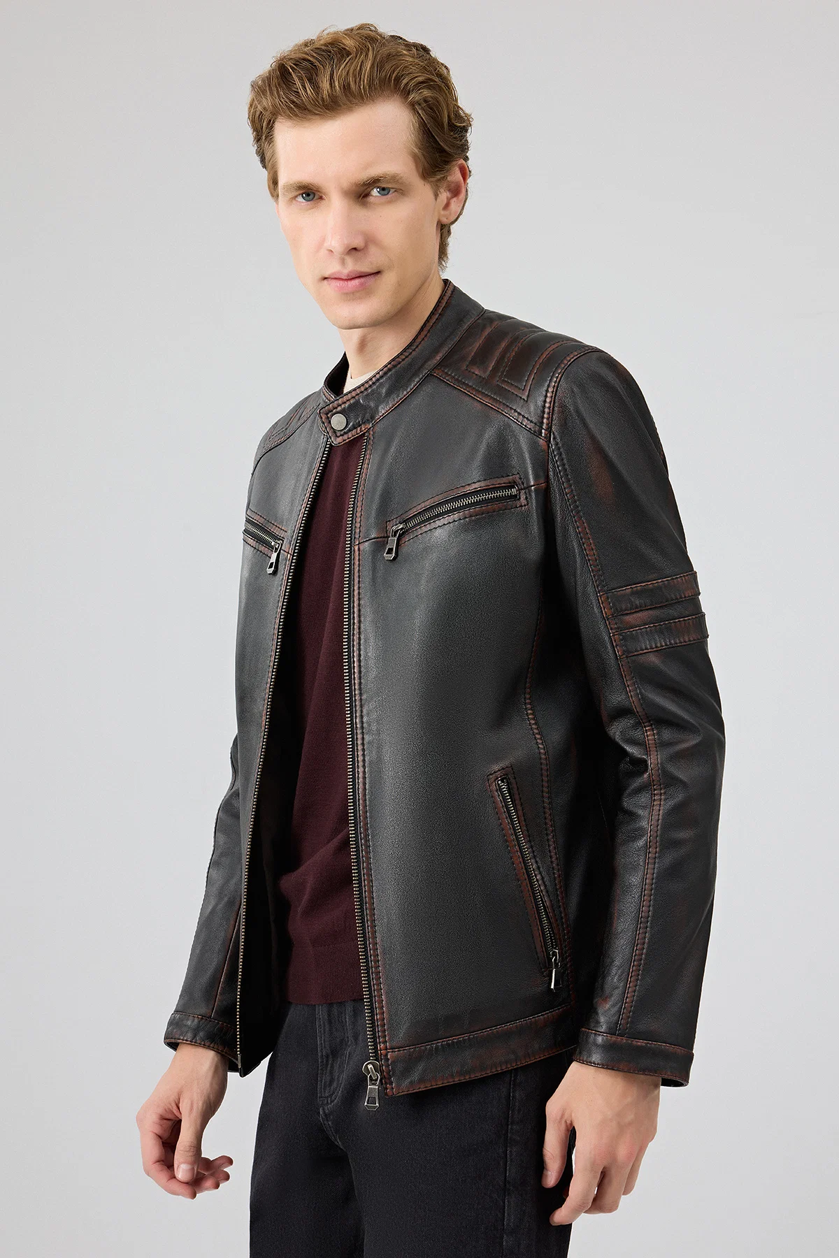Leonard Erkek Kahverengi Vintage Slim-Fit Deri Ceket - Image 3