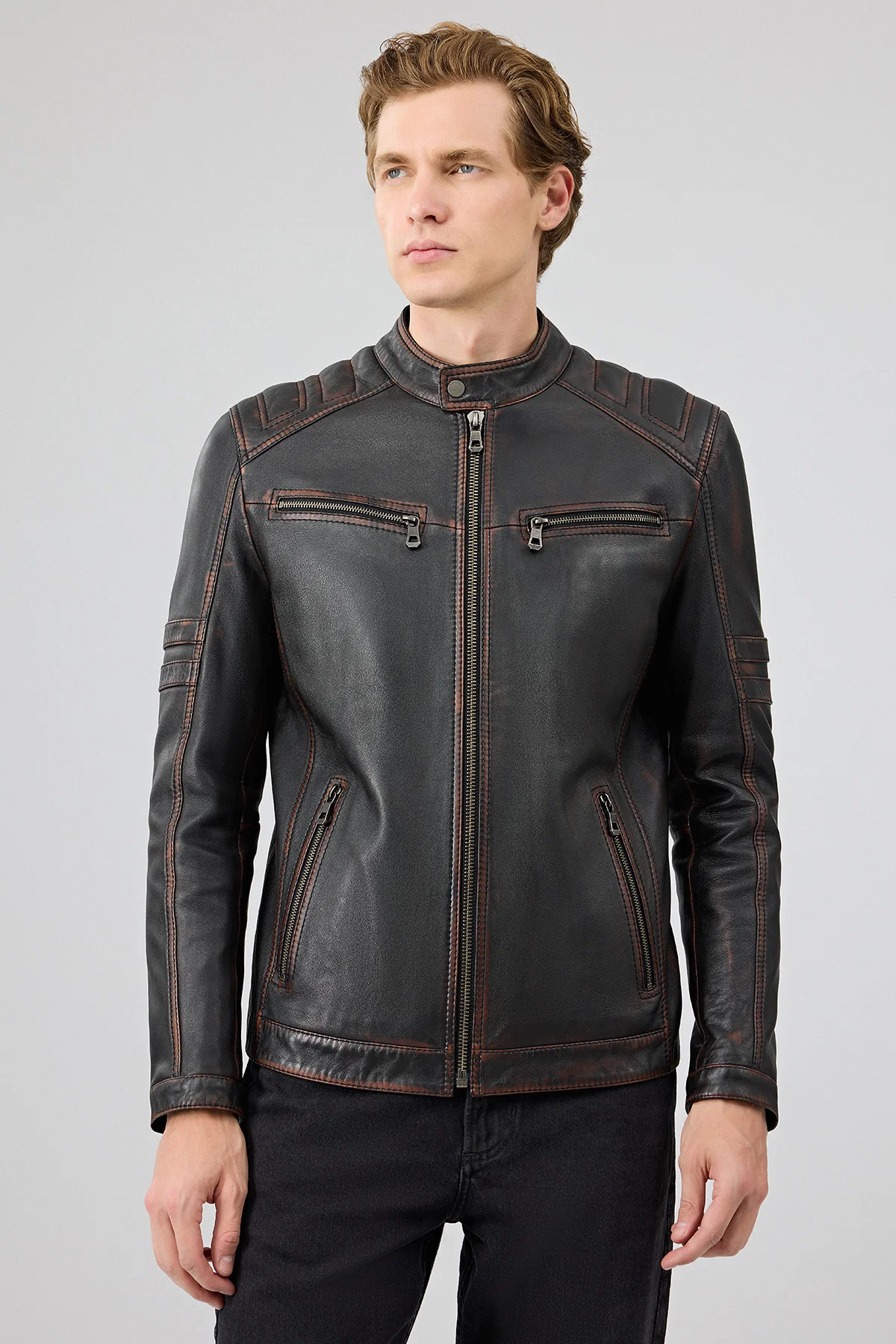 Leonard Erkek Kahverengi Vintage Slim-Fit Deri Ceket - Image 6