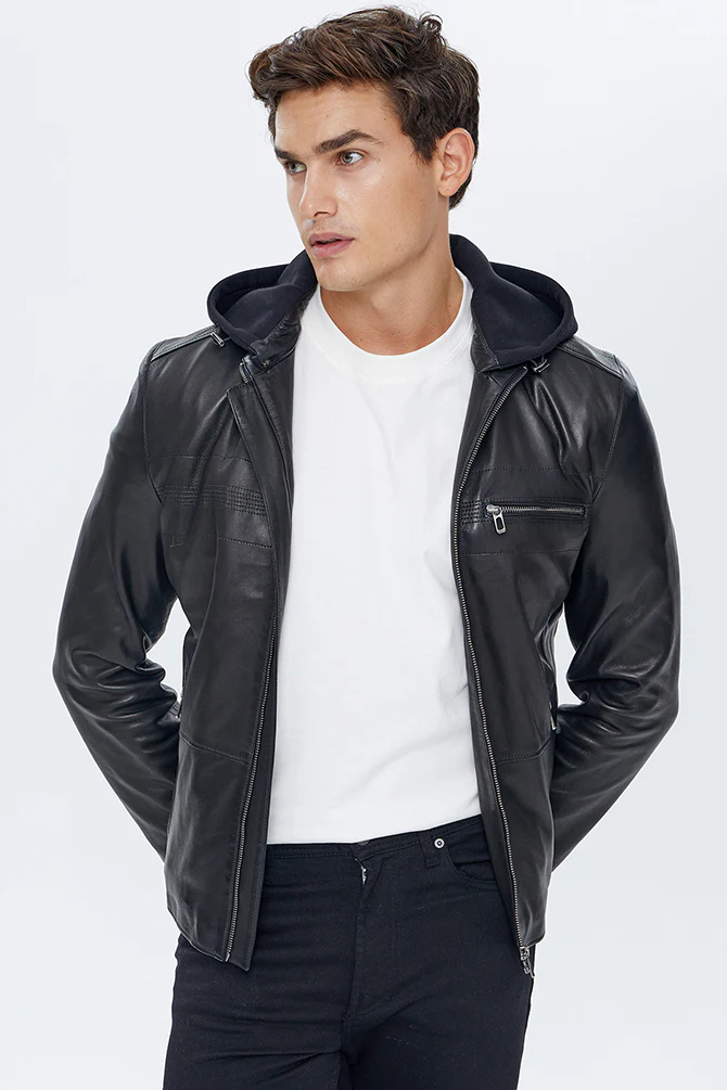 Lopez Erkek Siyah Kapüşonlu Slim-Fit Deri Ceket - Image 2