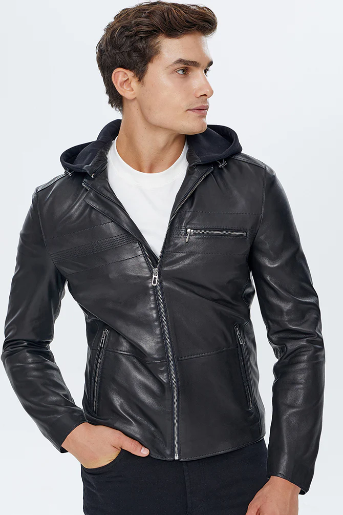 Lopez Erkek Siyah Kapüşonlu Slim-Fit Deri Ceket - Image 3