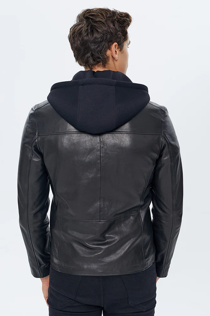 Lopez Erkek Siyah Kapüşonlu Slim-Fit Deri Ceket - Image 5