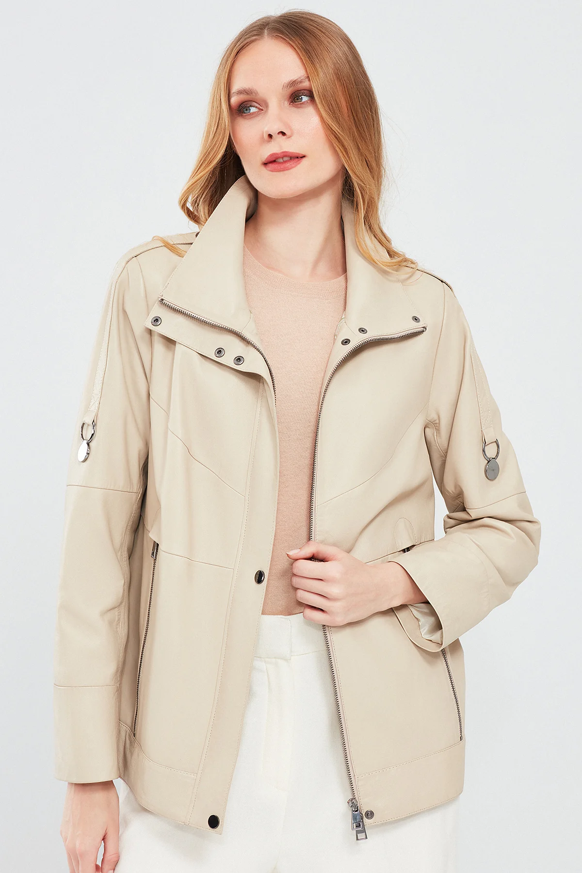 Luisa Kadın Bej Oversize Deri Mont