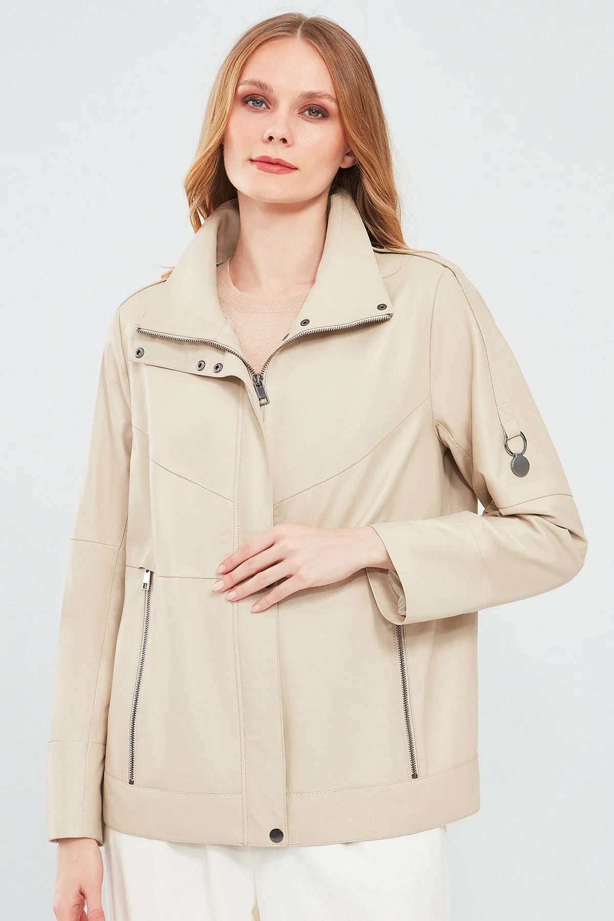 Luisa Kadın Bej Oversize Deri Mont - Image 2