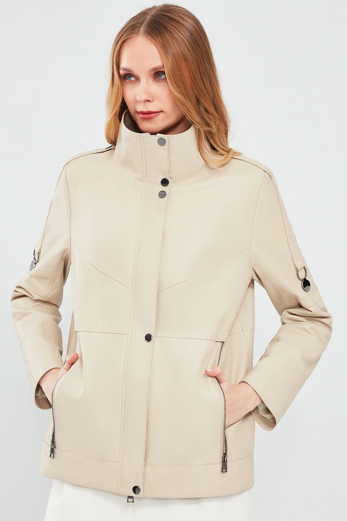 Luisa Kadın Bej Oversize Deri Mont - Image 3