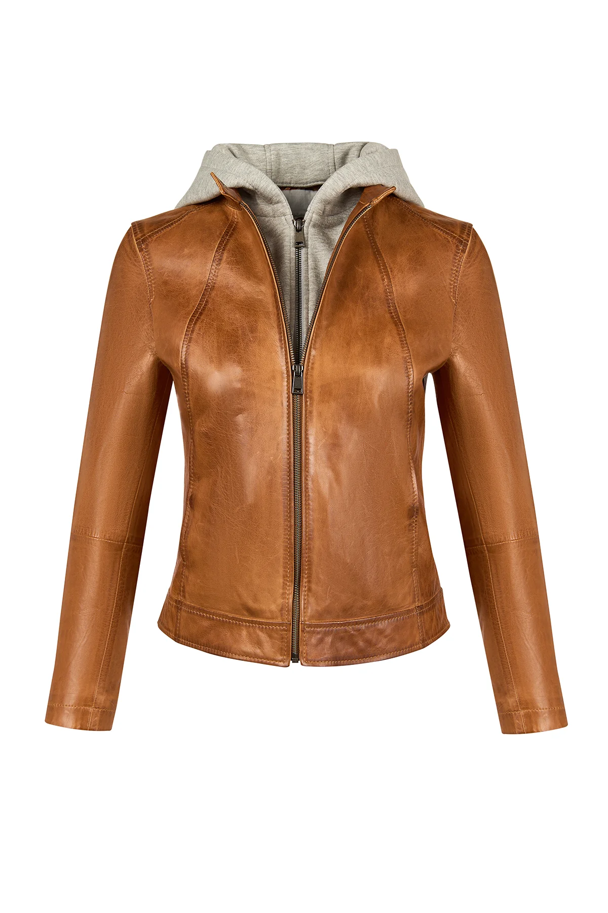 Magic Kadın Kahverengi Kapüşonlu Kısa Spor Deri Ceket - Image 2