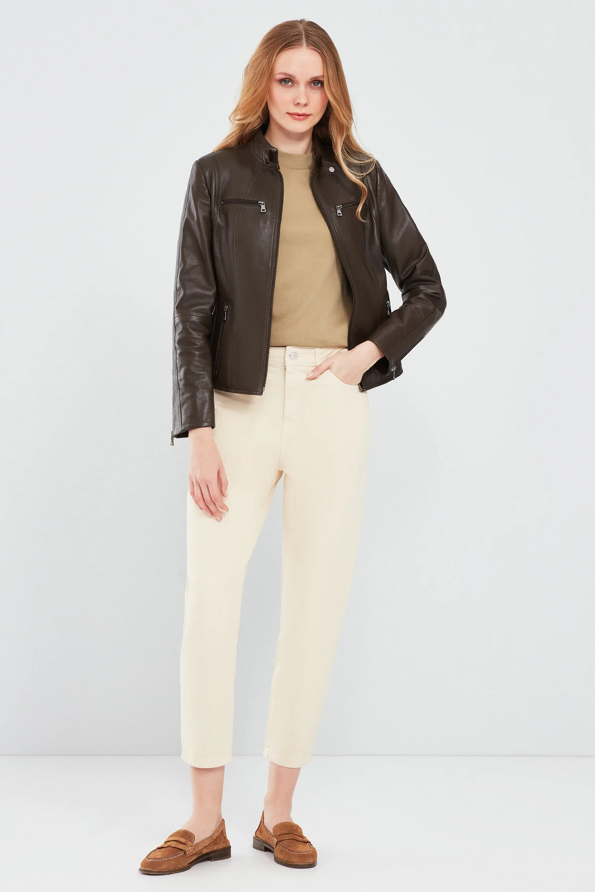 Maria Kadın Kahverengi Kısa Deri Ceket - Image 5