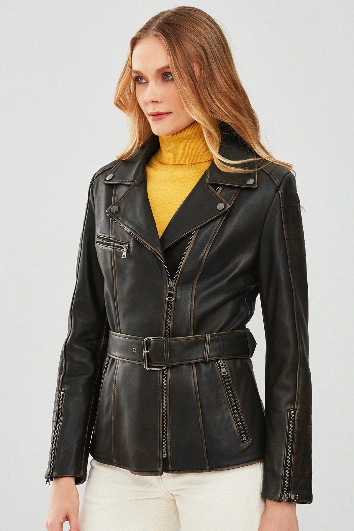 Mayfair Kadın Kahverengi Vintage Uzun Biker Deri Ceket - Image 3