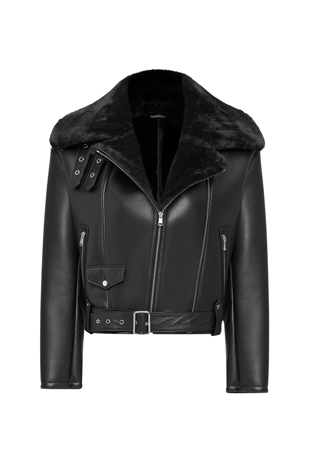 Mexico Kadın Siyah Teddy Biker Deri Ceket - Image 9