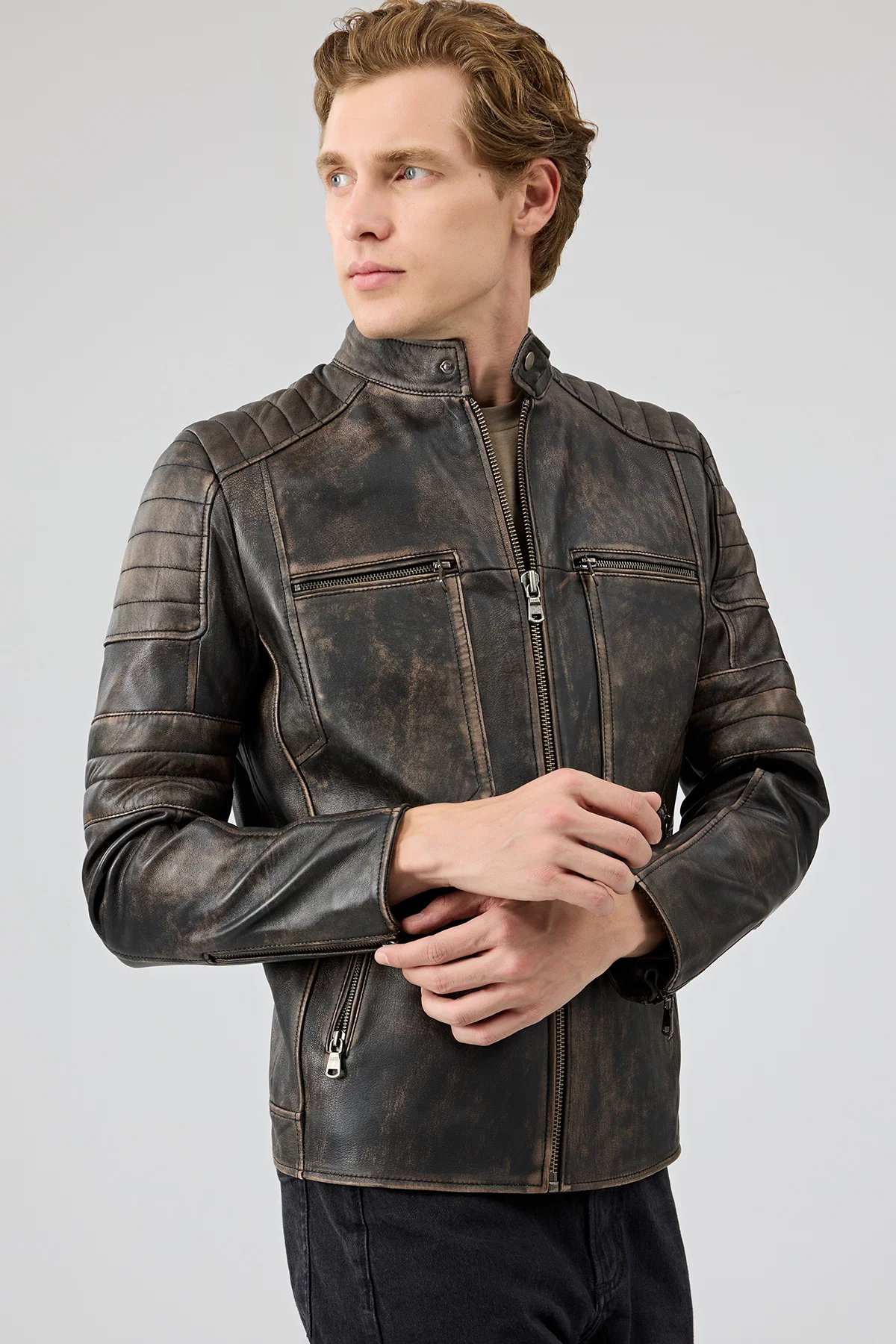 Morant Erkek Kahverengi Vintage Slim-Fit Deri Ceket - Image 2