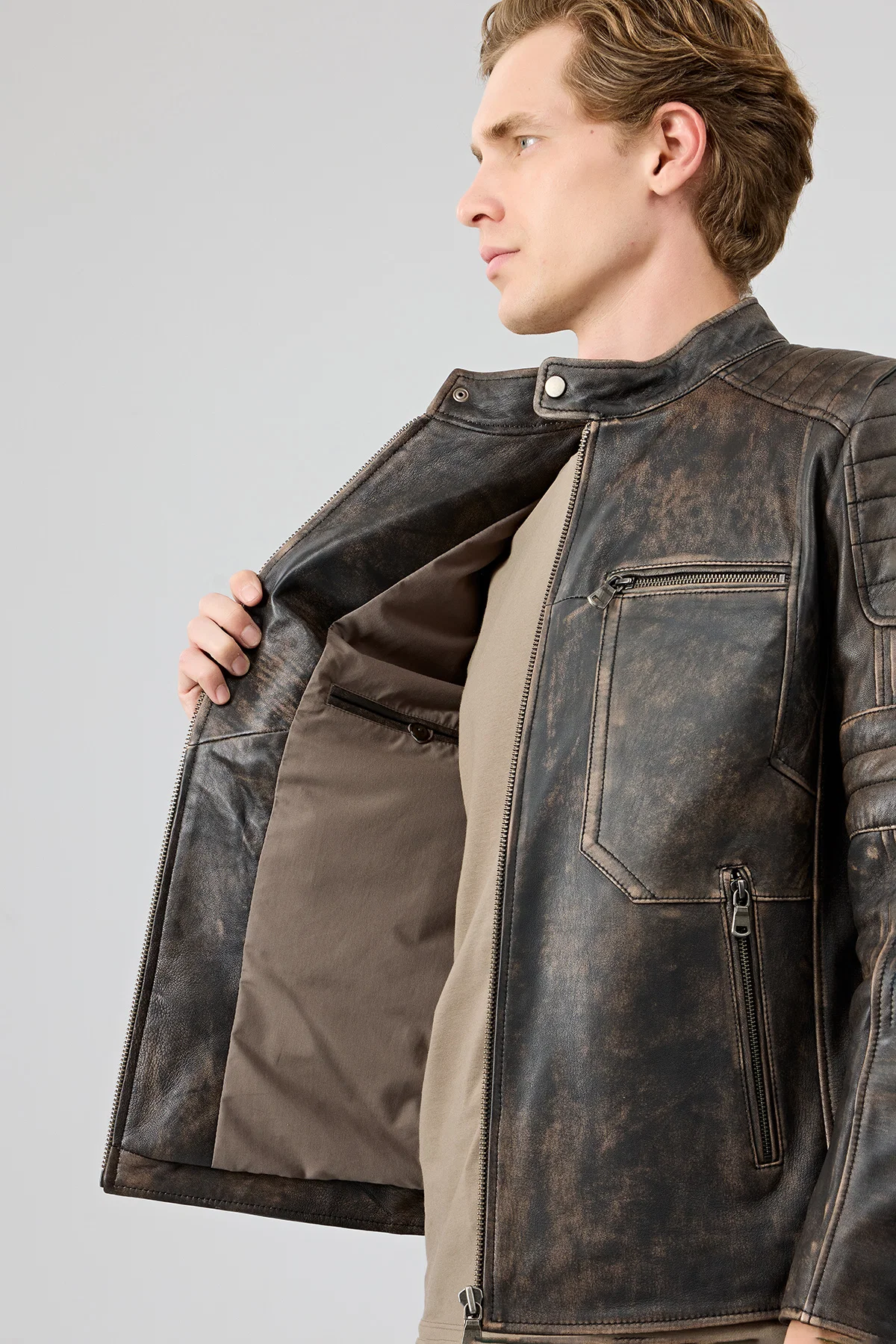 Morant Erkek Kahverengi Vintage Slim-Fit Deri Ceket - Image 7