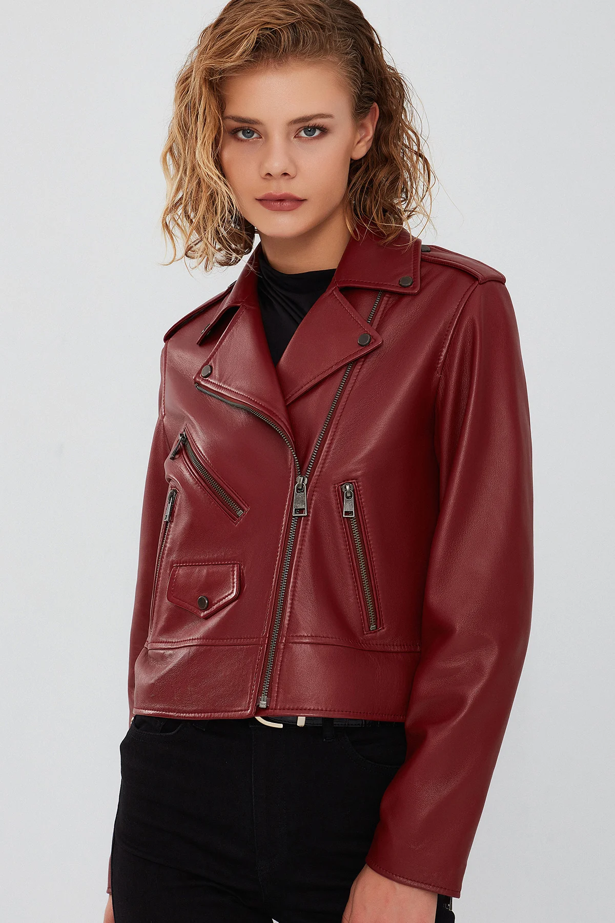New Look Kadın Bordo Biker Ceket - Image 3