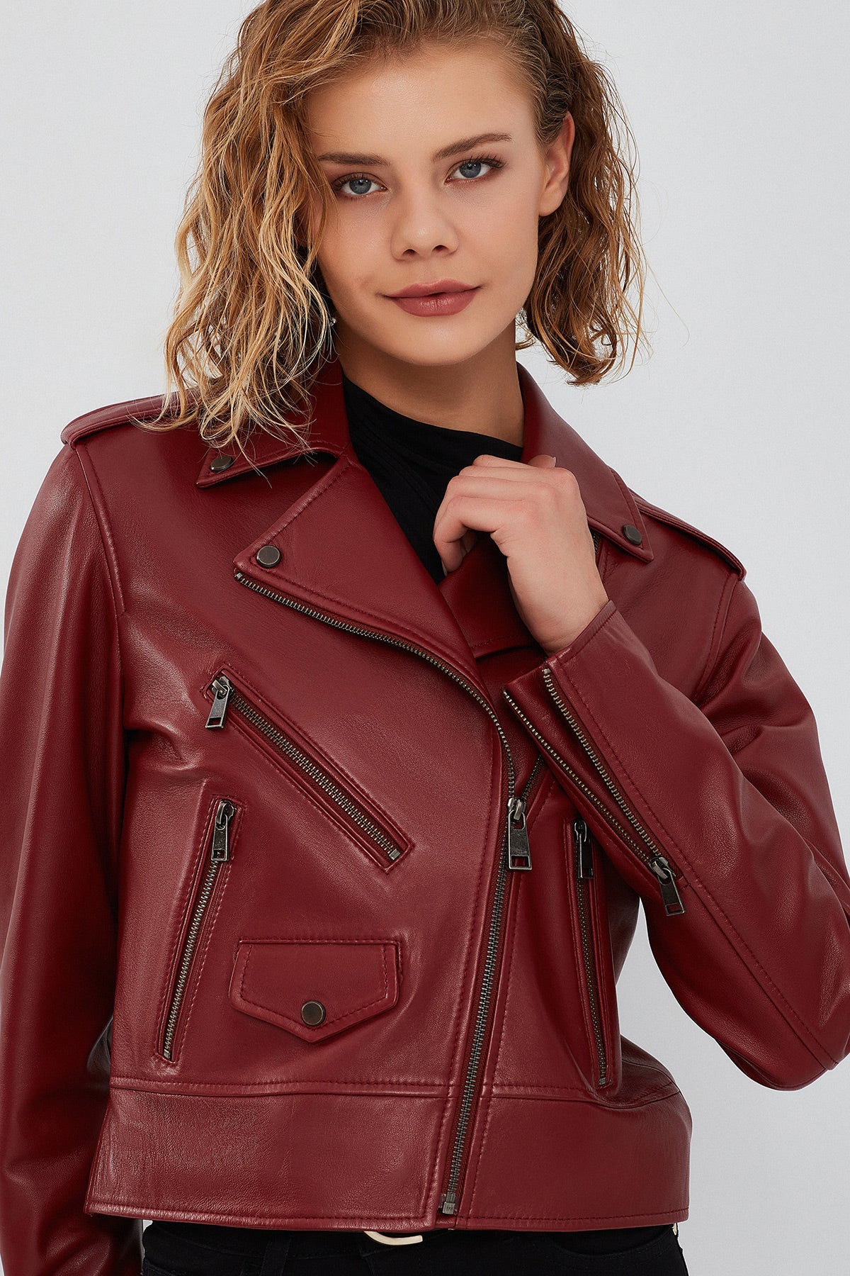 New Look Kadın Bordo Biker Ceket - Image 6