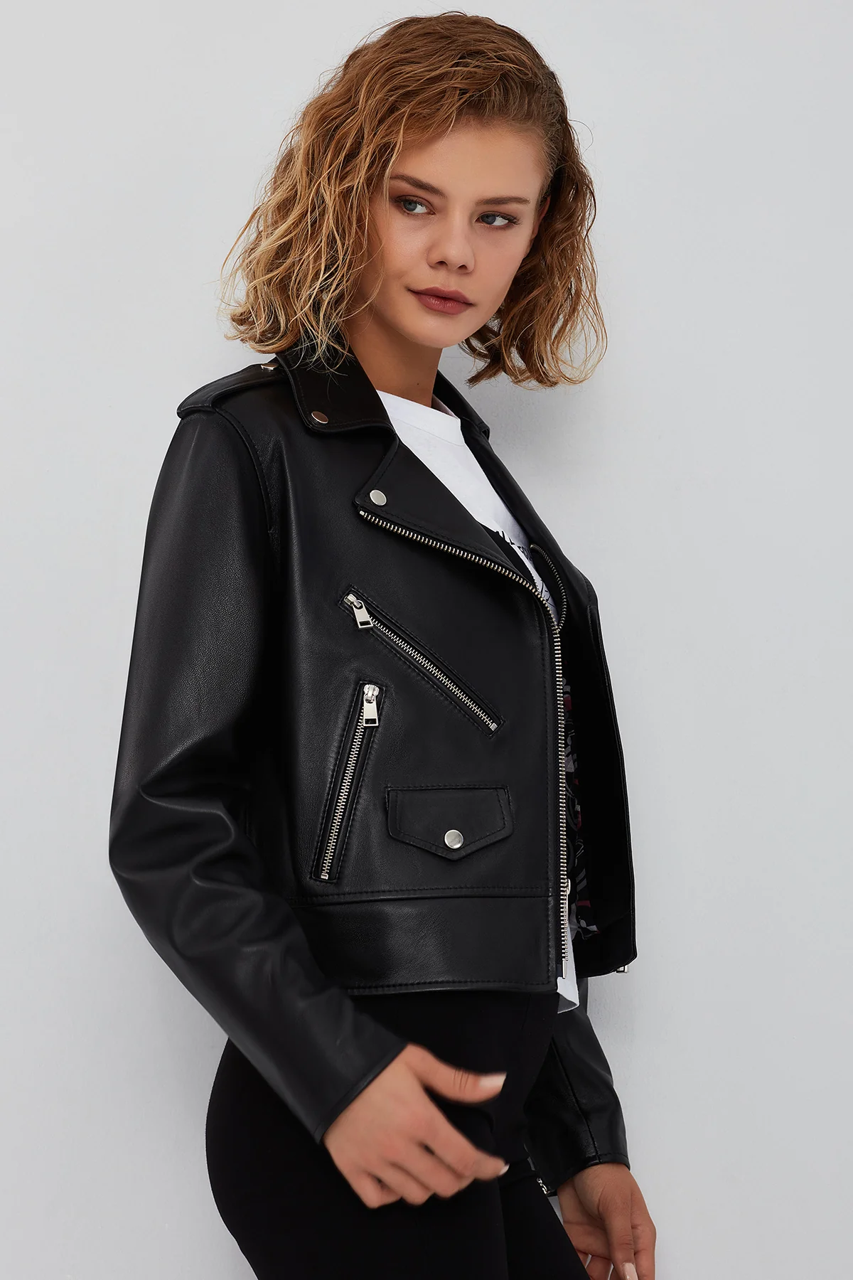New Look Kadın Siyah Biker Deri Ceket - Image 2