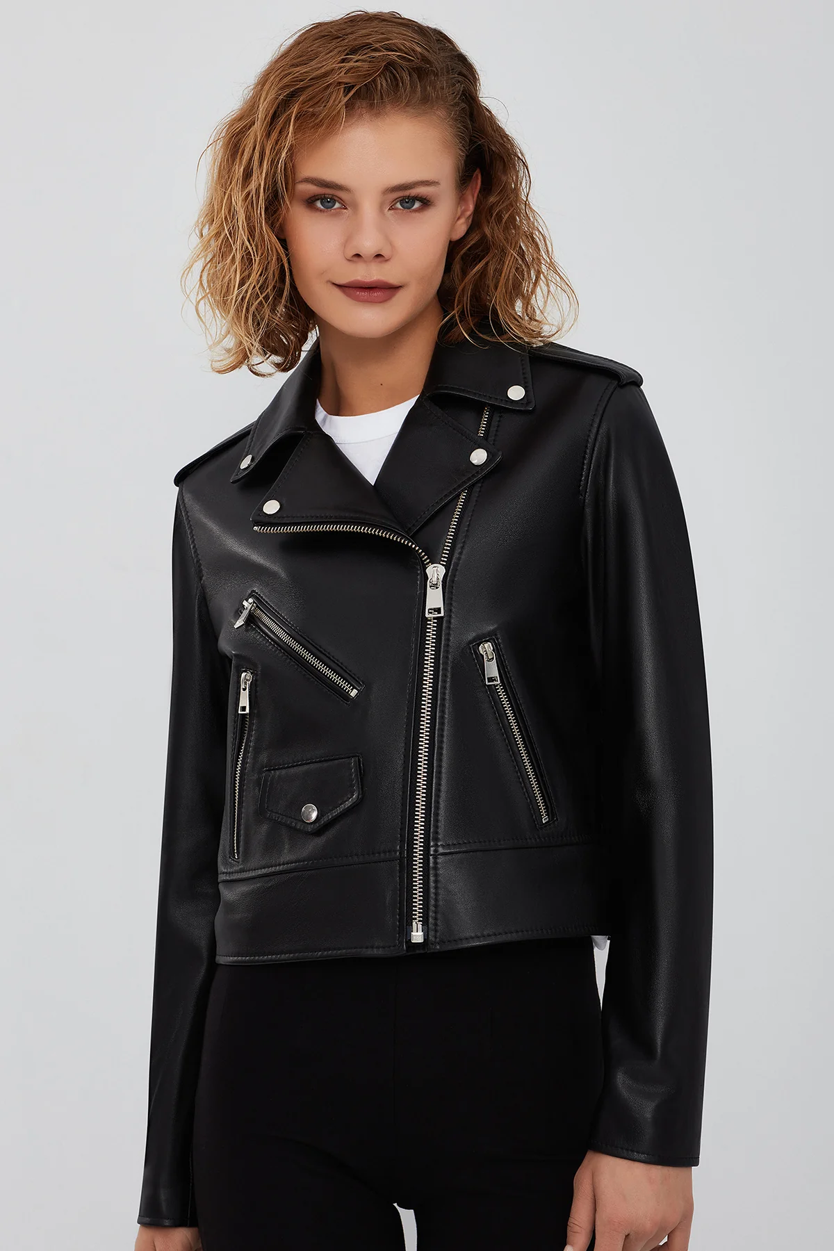 New Look Kadın Siyah Biker Deri Ceket - Image 3